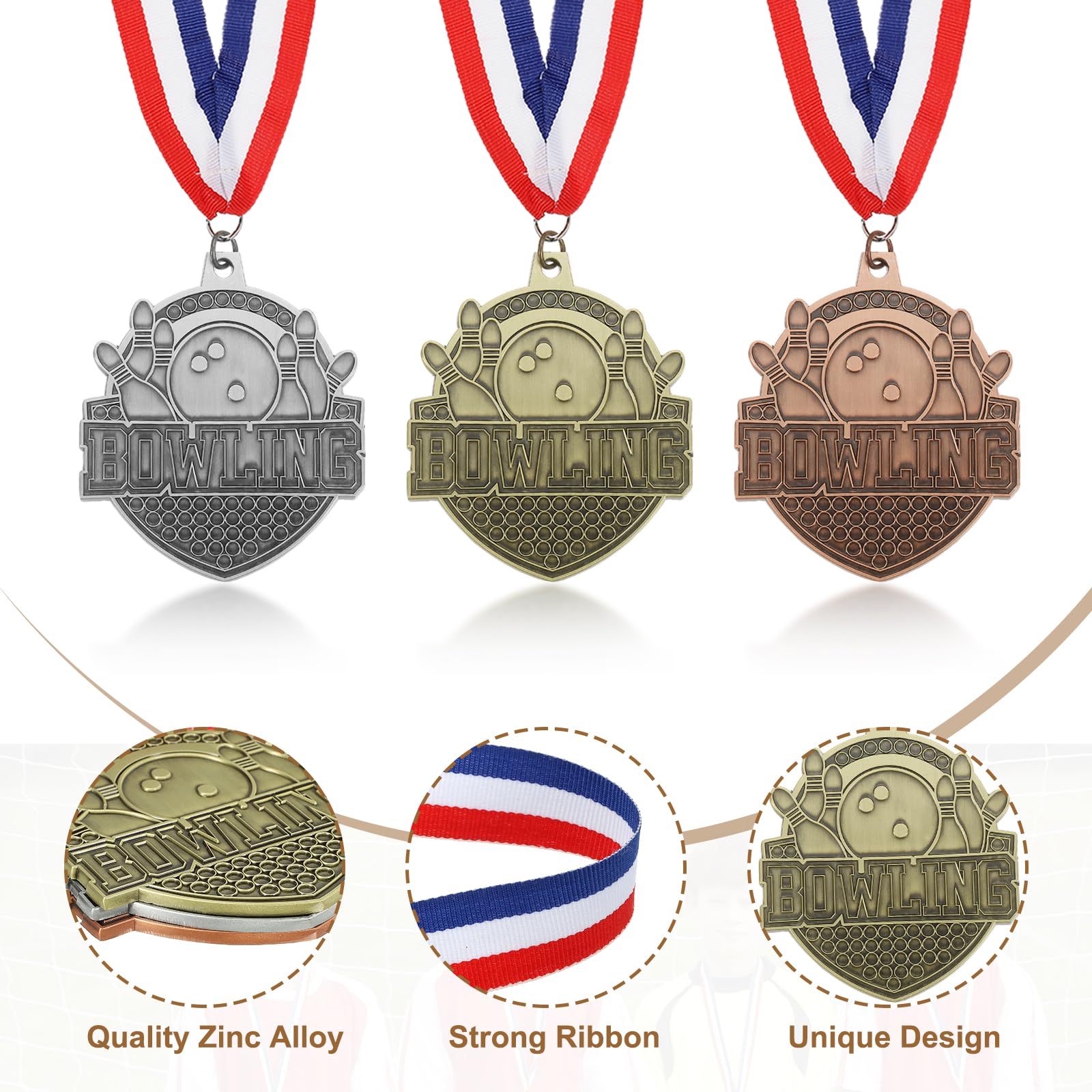 PATIKIL Medaglie d'oro Argento Bronzo per Giochi Bowling con Nastri Rosso & Bianco & Blu, Medaglia di Bowlingo 9Pz Medaglie Vincitore Premi Competizioni Oro/Argento/Rosso