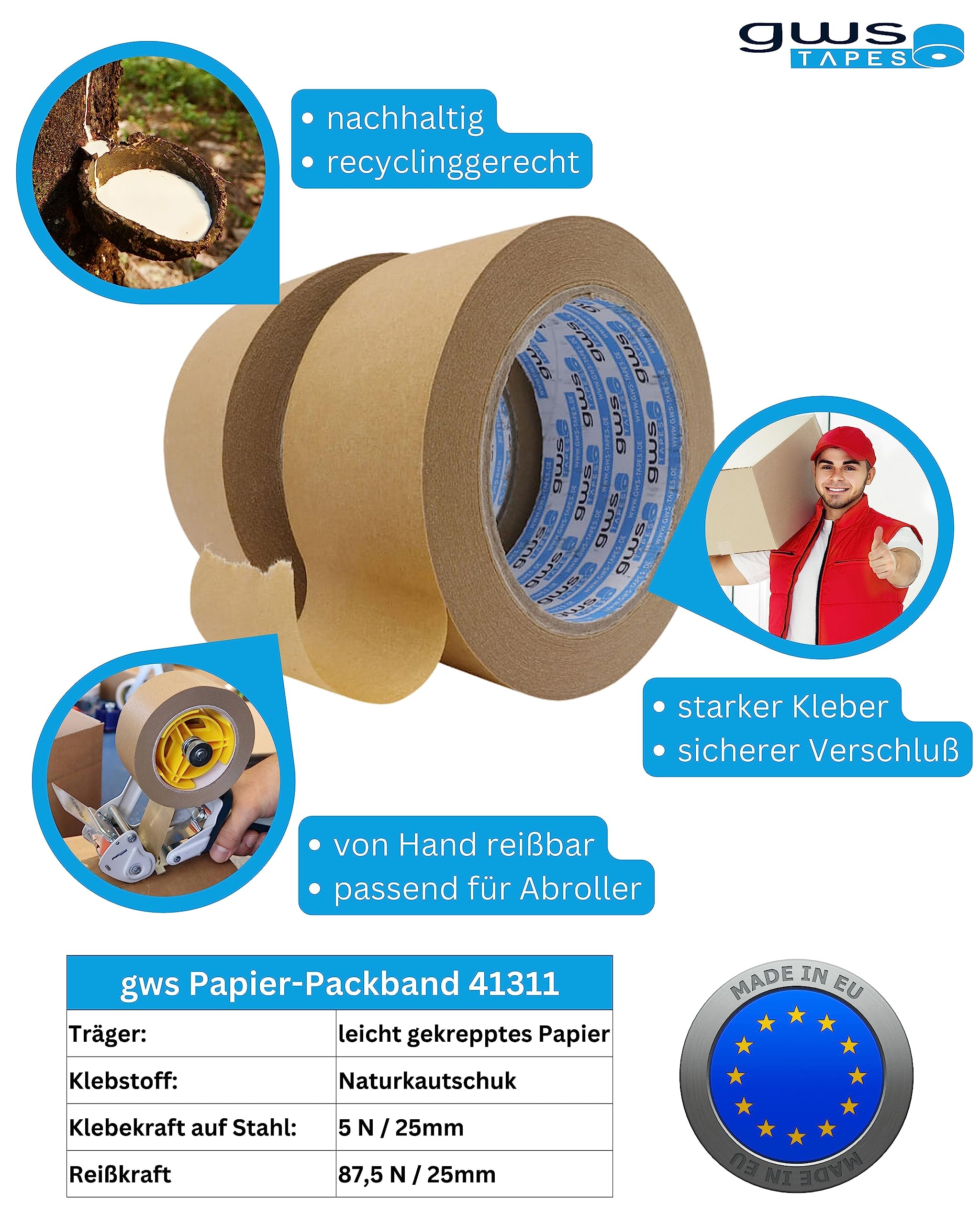 gws tapes Papier-Packband 108 Rollen/Naturkautschuk-Klebstoff/nachhaltig/recyclinggerecht/Klebeband für Pakete, Umzug uvm / 50 m x 50 mm, braun