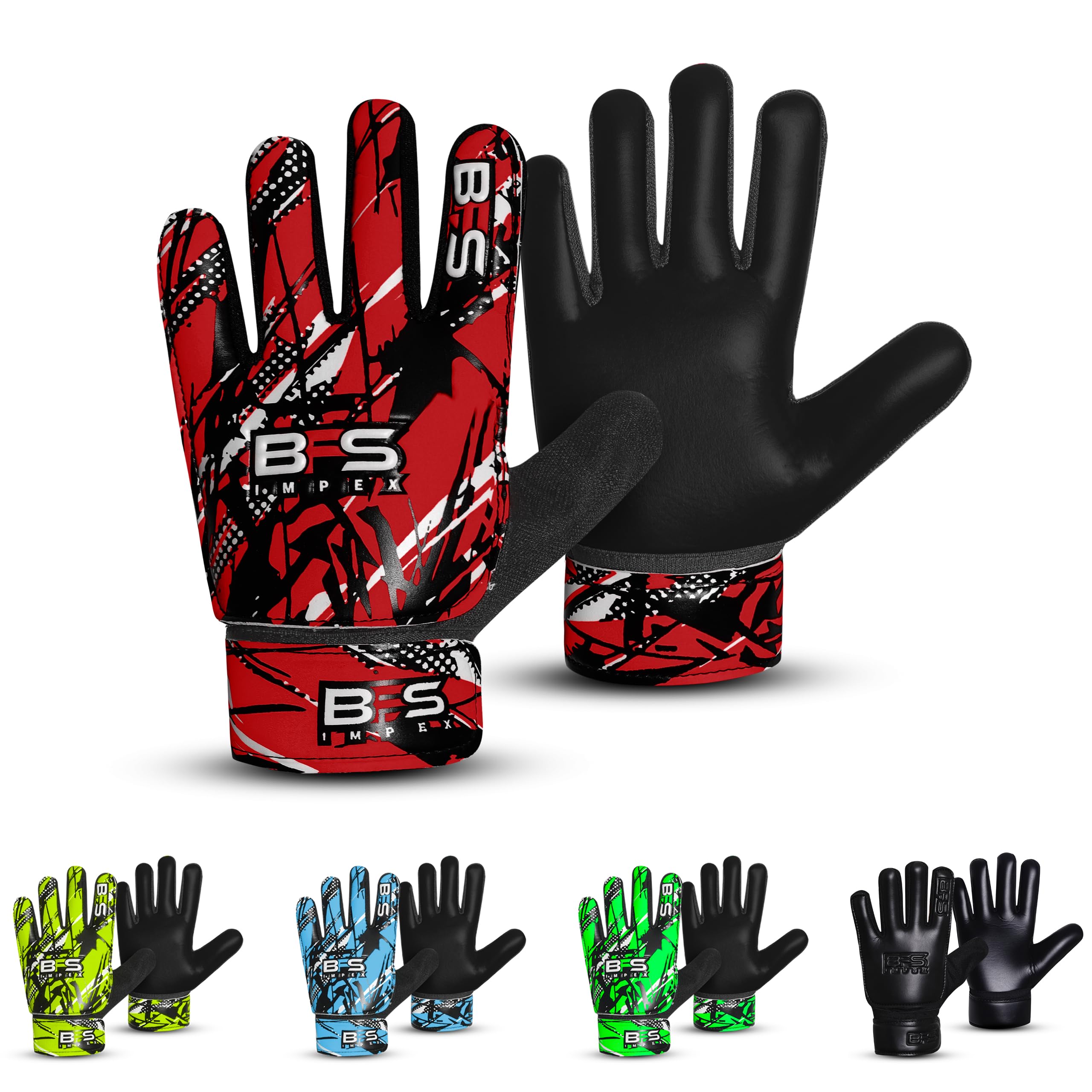 BFS IMPEX Kids Soccer Goalie Gloves – Youth Football Goalkeeper Gloves for Boys, Youth & Children with Strong Anti-Slip 4mm Latex Grip Palm, Double Wrist Support & Durable Football Gloves (Red, 6)