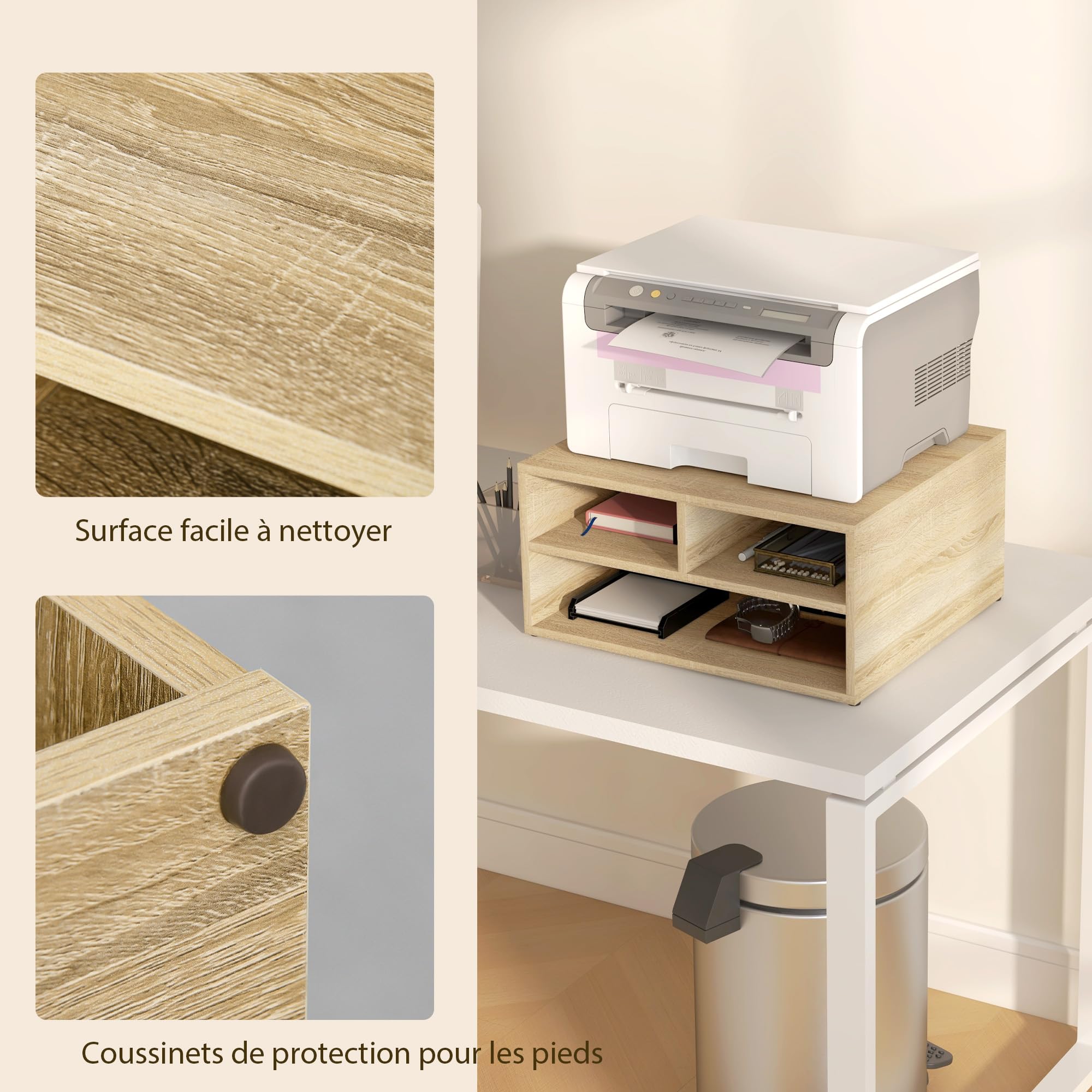 HOMCOM Supporto per stampante per scatola da ufficio, mobile da ufficio, con 3 scomparti, organizer da ufficio, 47 x 40 x 22,5 cm, effetto legno naturale