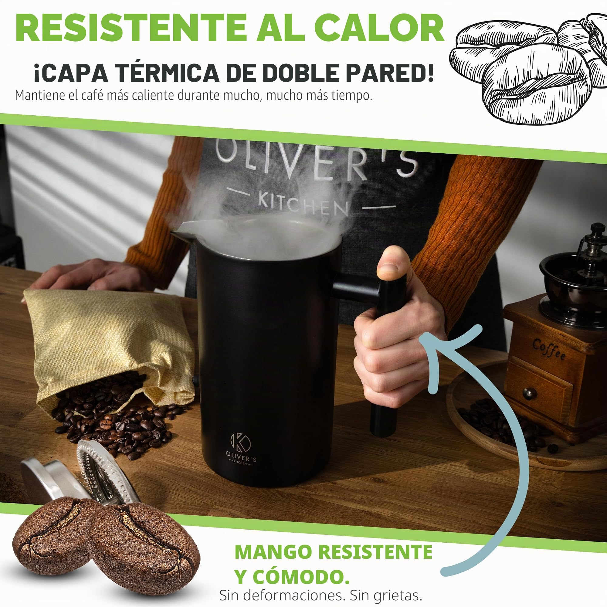 Oliver's Kitchen ® Cafetera de prensa francesa de de primera calidad, con aislamiento térmico, doble pared, color negro, 1 litro