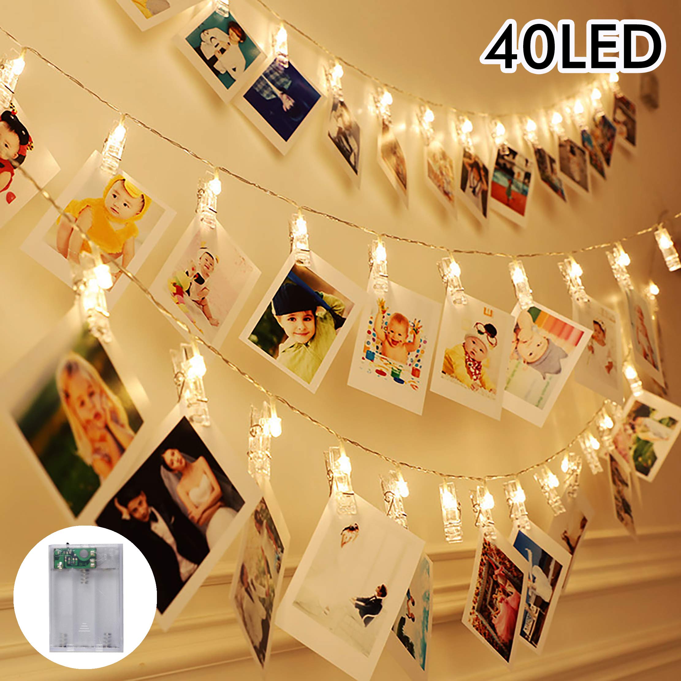 Led Christmas Lights 40 Photo Clips Battery Operated String Lights Patio lights for Outdoor, Indoor, Xmas, Bedroom, Party, College Dorm Room, Ideal Gift Warm White 16.4 Feet, Warm White