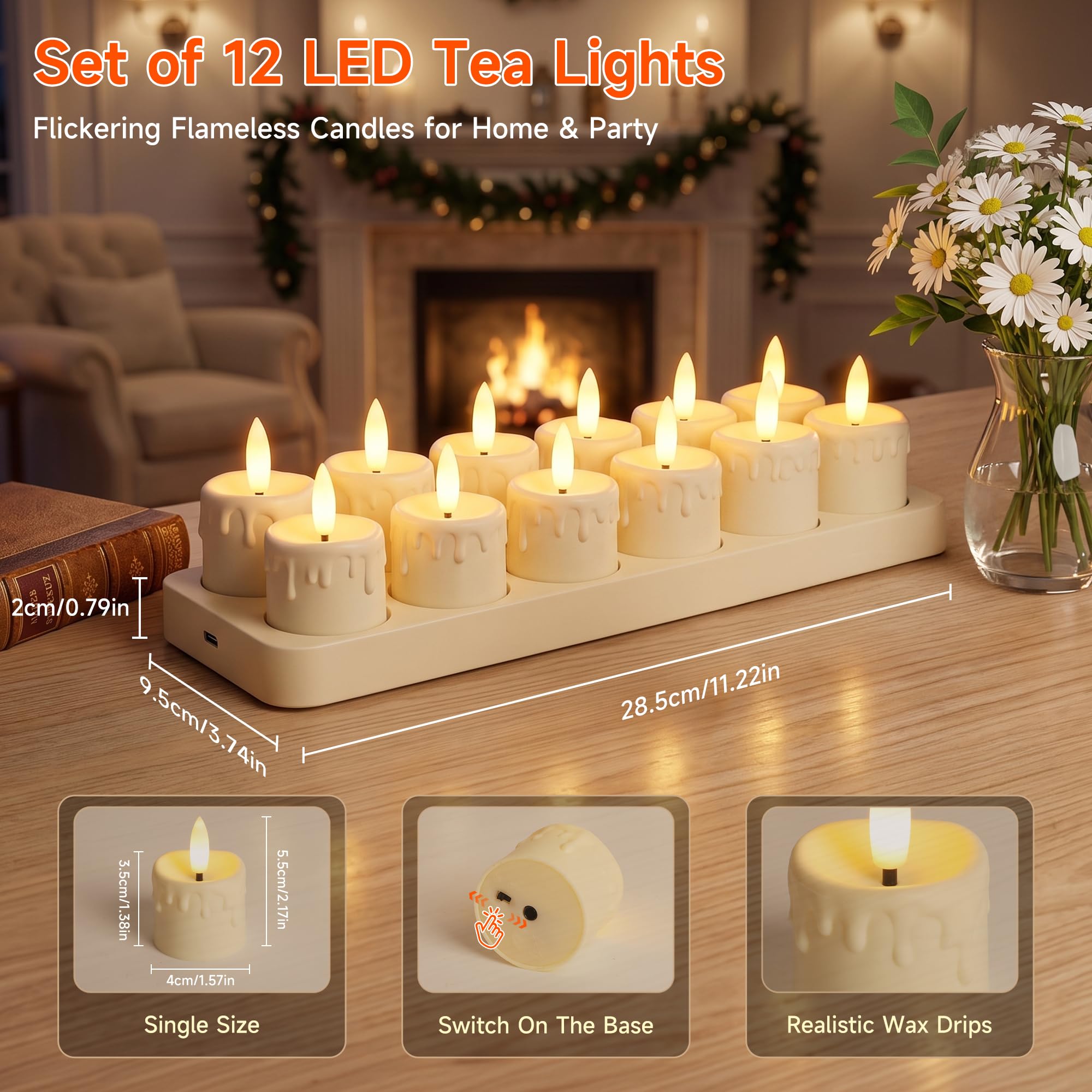 Ketom Set di 12 Candele LED Fiamma Oscillante, Candela LED Ricaricabile USB | Candele LED con Telecomando, Lumini Candele Elettriche, Dimmerabile, Timer, Realistiche Candele Halloween, Natale, casa