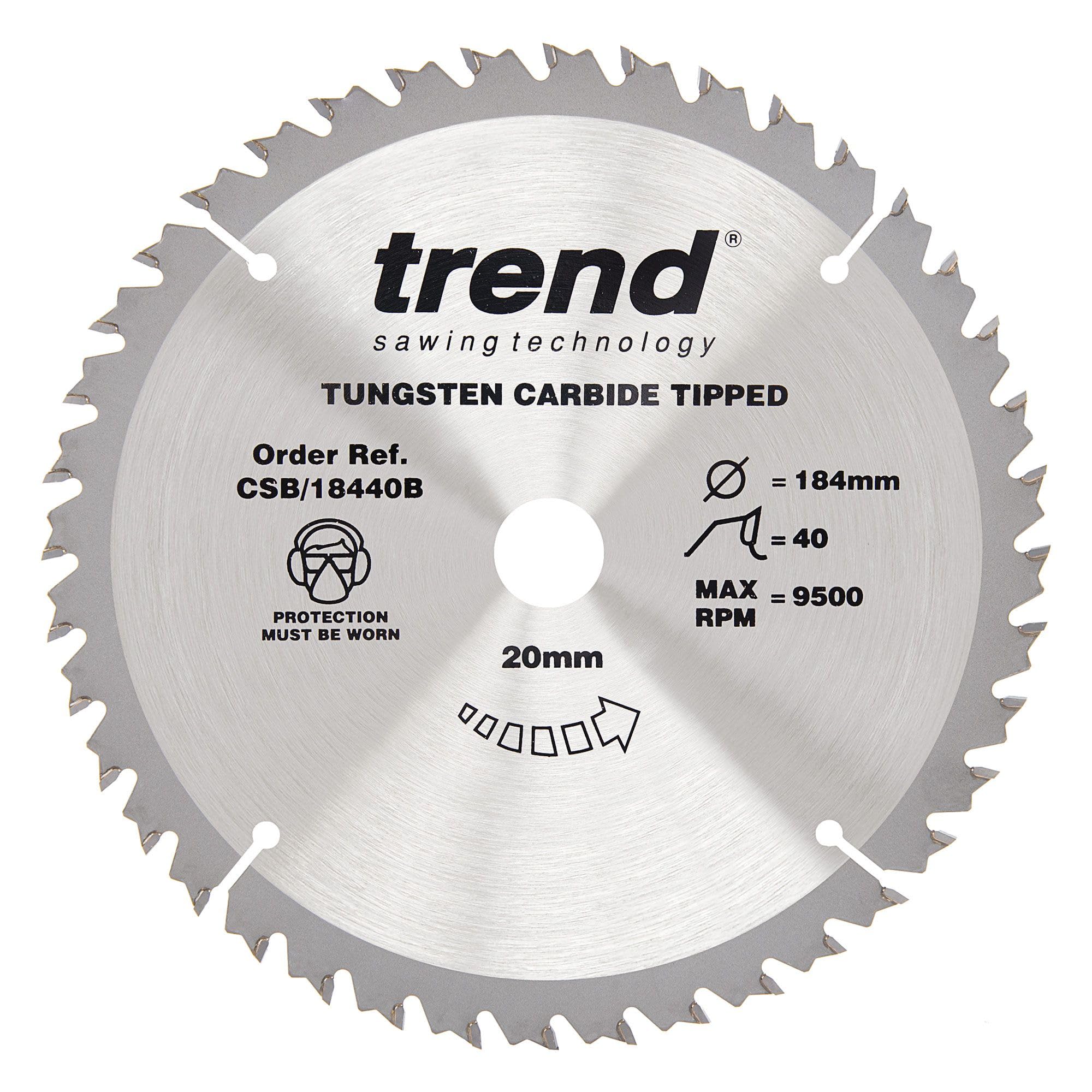 Trend 184Mm X 40 Teeth X 20Mm Bore Wood Circular Saw Blade, 184Mm Diameter, 20Mm Bore, 40 Teeth, 2.6Mm Kerf, +15° Hook, Tct, Fine Finish, Csb/18440B