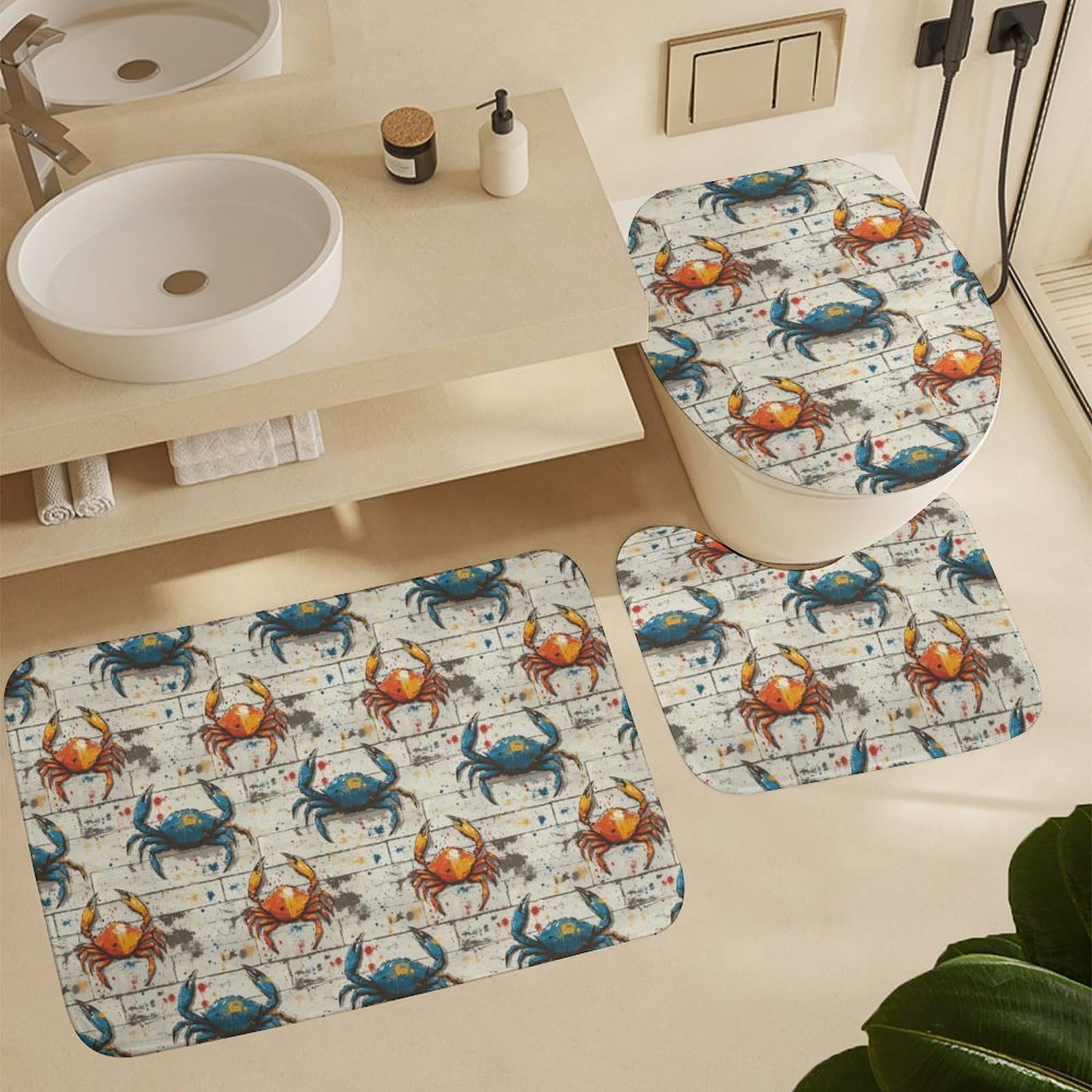 Ensemble de 4 pièces de salle de bain avec rideau de douche et tapis – Tapis de salle de bain tendance et moderne imprimé crabe bleu orange – Accessoires de décoration pour forme de U et tapis de