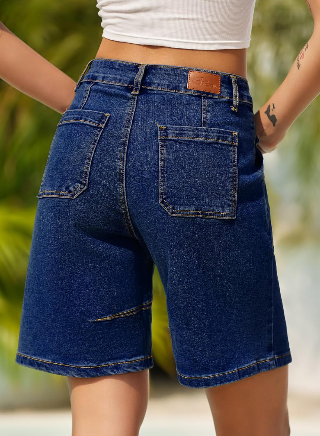 Sidefeel Women's Jean Shorts High Waisted Stretchy Bermuda Pleated Denim Summer Shorts - Image 4