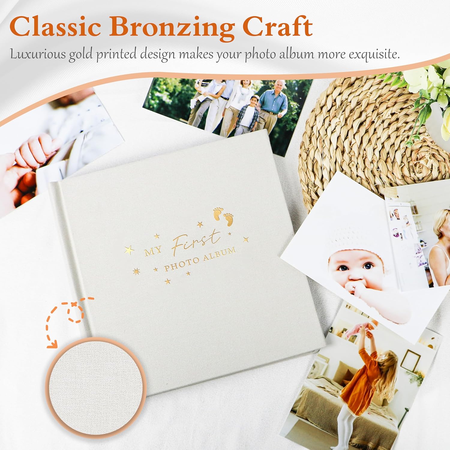 Holoary Baby Photo Album 4x6 100 Photos with Writing Area, 100 Pockets 4x6 Picture Album, Linen Fabric Cover Picture Book for Photos, Baby Photo Albums Hot Stamping Cover(Beige) - Image 3
