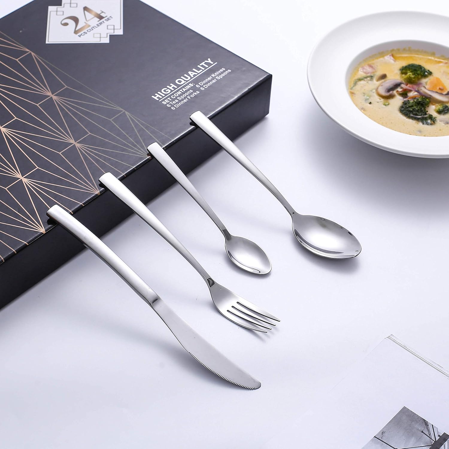 Black Friday - 60% OFF Silverware Set, HOBO 24-Piece Stainless Steel Flatware Silverware Set with Premium Gift box, Include Knife/Fork/Spoon/Teaspoon Service for 6, Mirror Finish, Smooth Edge Best Cyber Monday 🔥 Silverware Set, HOBO 24-Piece Stainless Steel Flatware Silverware Set with Premium Gift box, Include Knife/Fork/Spoon/Teaspoon Service for 6, Mirror Finish, Smooth Edge