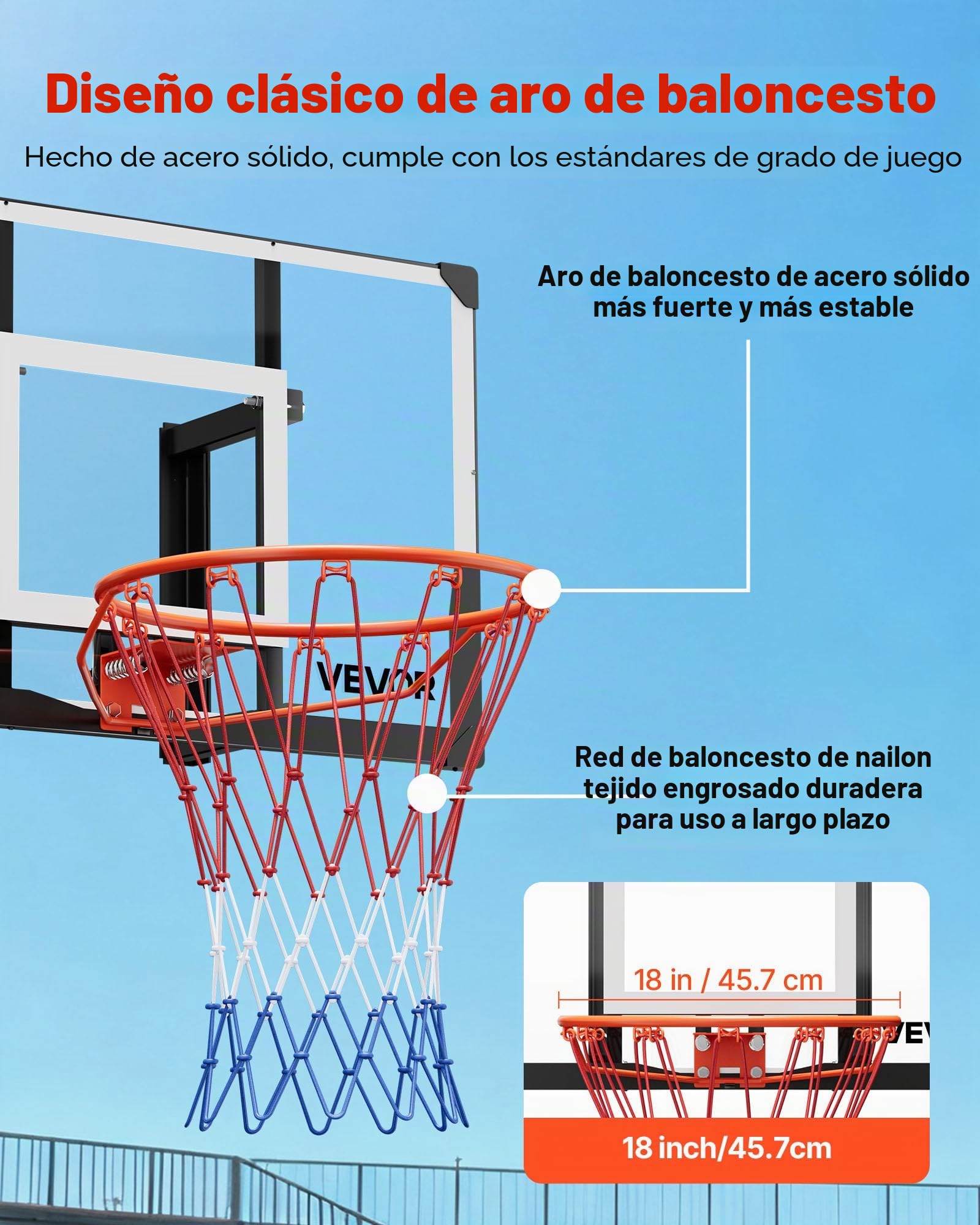 VEVOR Aro de Baloncesto, Montaje en Pared, con Tablero de Policarbonato de 1117,6 mm y 2 mm de Grosor, Red de Baloncesto de Nailon Tejido Reforzado, Ideal para Un Juego Profesional y Divertido