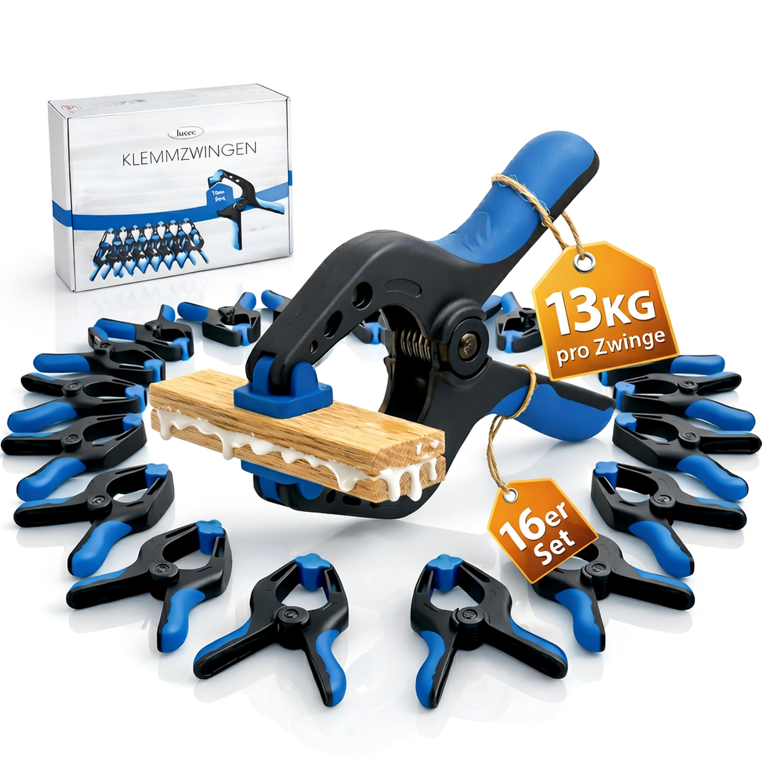 Lot de 16 serre-joints avec une force de serrage de 13 kg et une envergure de 7 cm pour des fixations solides et stables à coller, pour des toiles photo ou comme protection de bâche de piscine