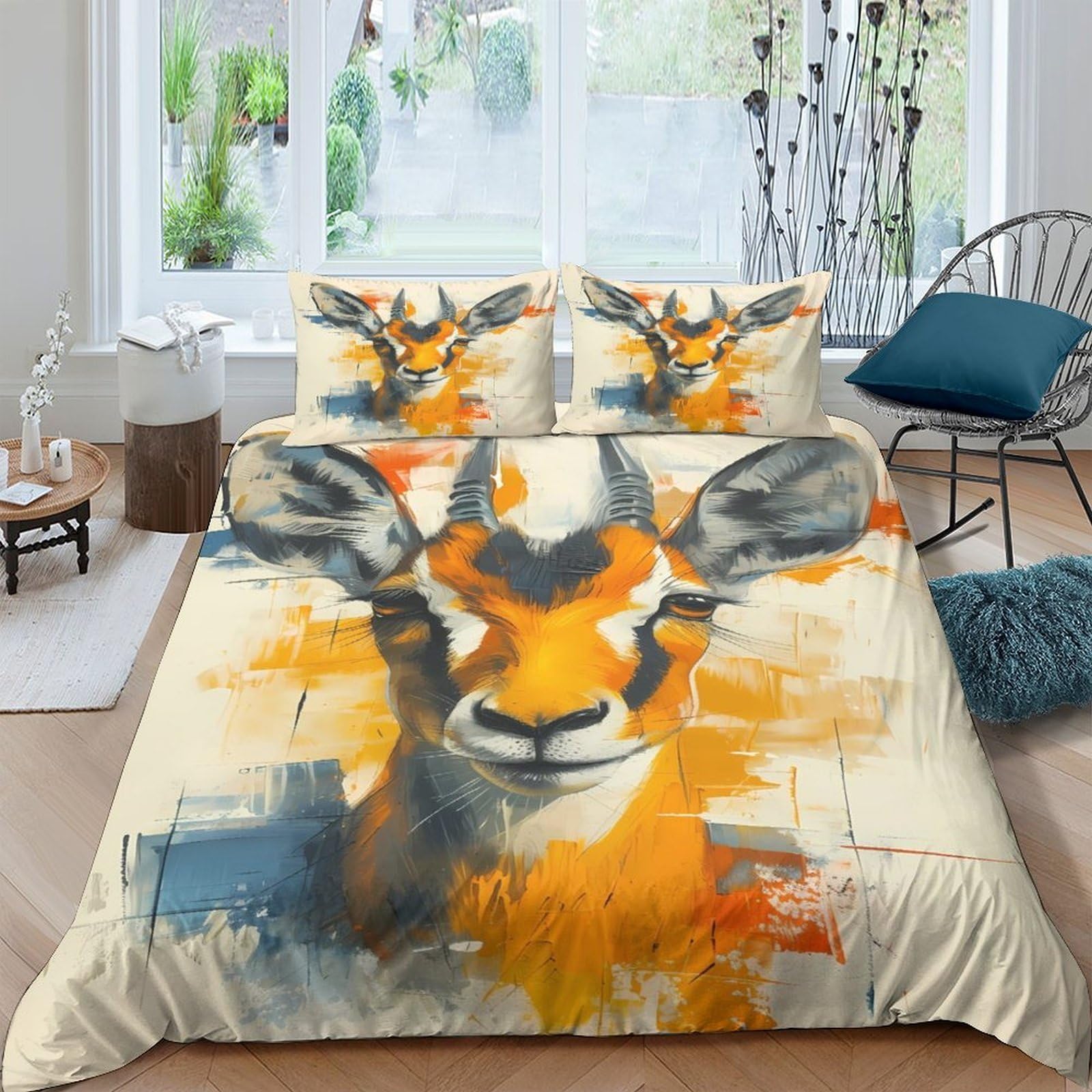 Ctjqhvkz Style-1 3D Printed Abstract Deer Fitted Sheet Microfiber Soft Orange Blue Artistic Wildlife Bed Cover For Bedroom Decor Single（135X200cm）