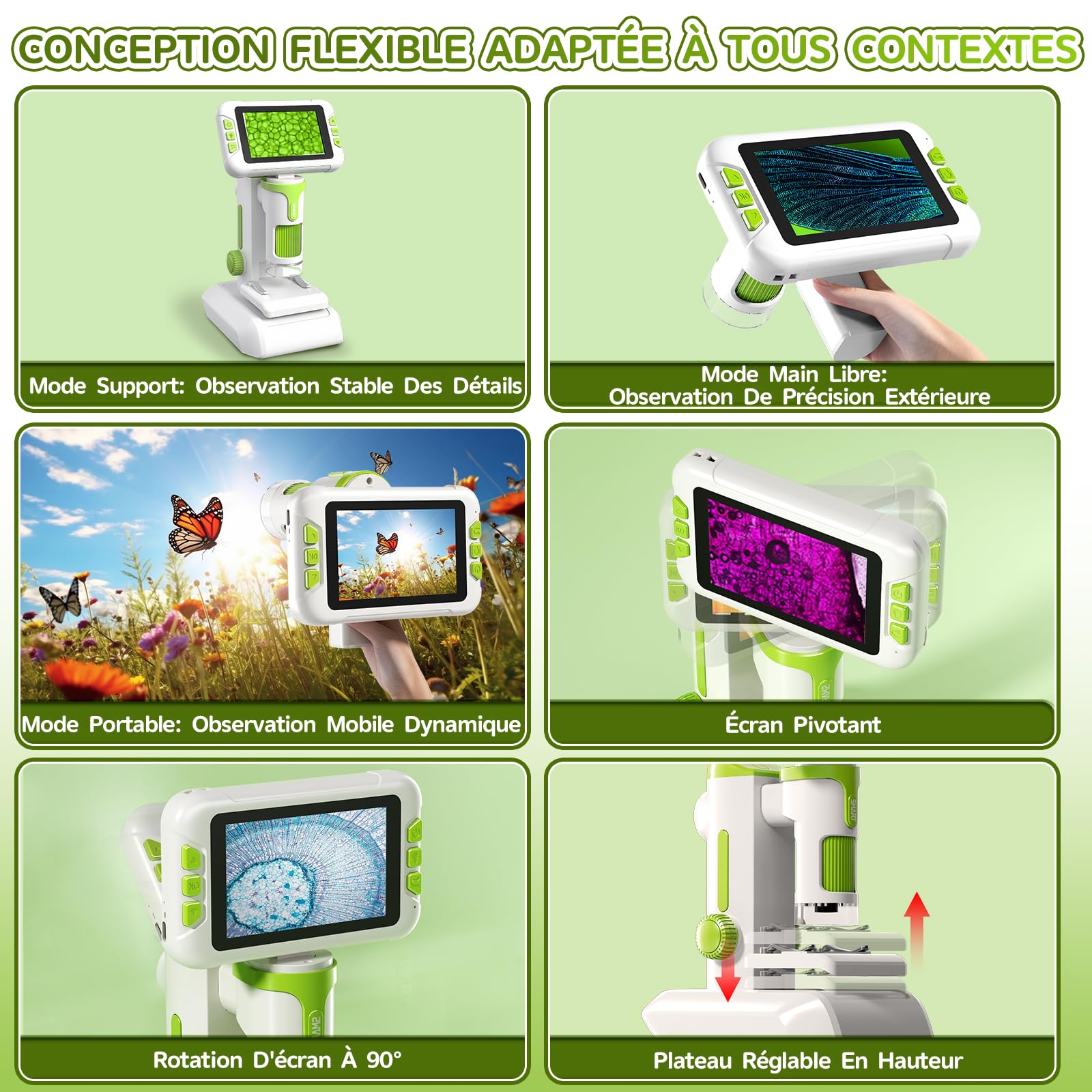 Charmofun Microscope Enfant Portable avec Carte Mémoire 64Go, Écran LCD 4 Pouces, Grossissement 1600X, Prise de Photos et Vidéos