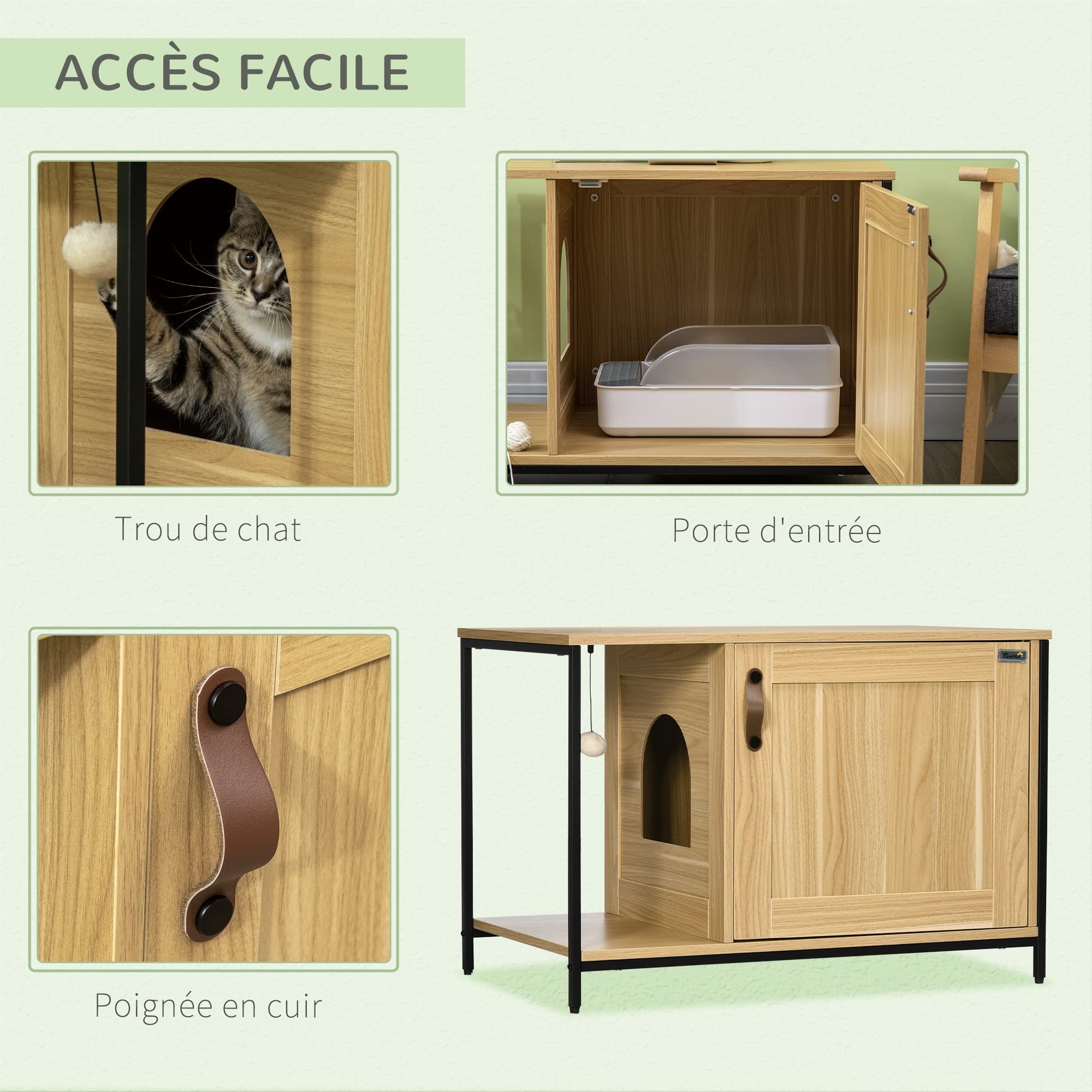 PawHut Maison de Toilette pour Chat Meuble Cache litière pour Chat Style Industriel Porte entrée latérale Boule Suspendue châssis Acier Aspect Bois Clair | Cache Litière, Porte Entrée Latérale, Boule Suspendue, Châssis Acier
