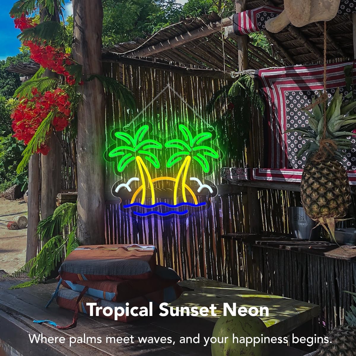 Tropical Neon Sign Double Coconut Palm Tree, Dimmable Beach Sunset LED Neon Light, Tropical Ocean Seagull Wall Decor for Man Cave Home Bar, Tiki Bar, Hawaii Club, Bedroom, Gift for Dad Father Him, RV Travel Trailer Beach Party Decor