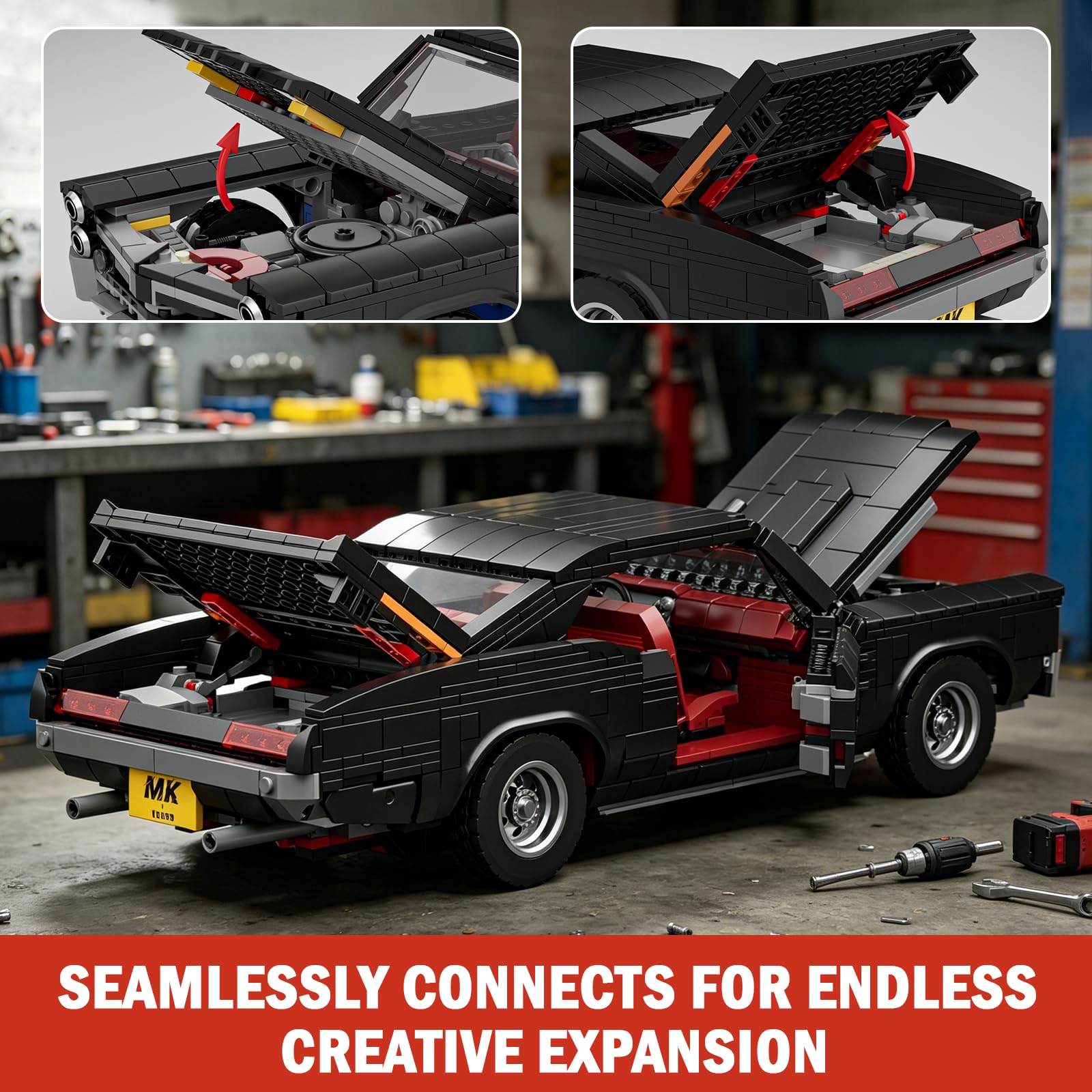 Mould King 10199 Technik Sportwagen Bausteine GTO Rennauto Klemmbausteine Klassischer Amerikanischer Muscle-Car Modellauto für Jungen und Erwachsene(1563 Teile)