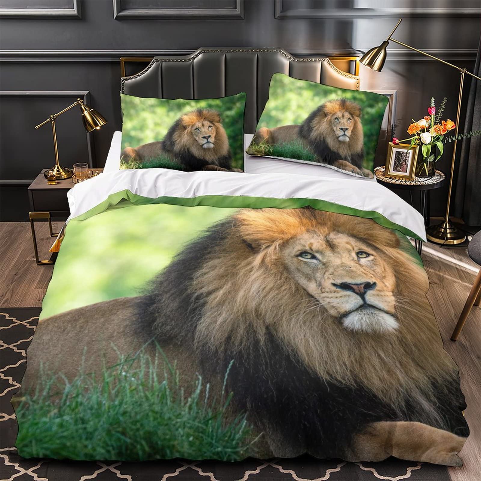 Copripiumino Double Face 3D Con Leone 135x200 Cm + Federa 80x80 Cm – Microfibra Stampata, Colori Nero/marrone/grigio, Chiusura