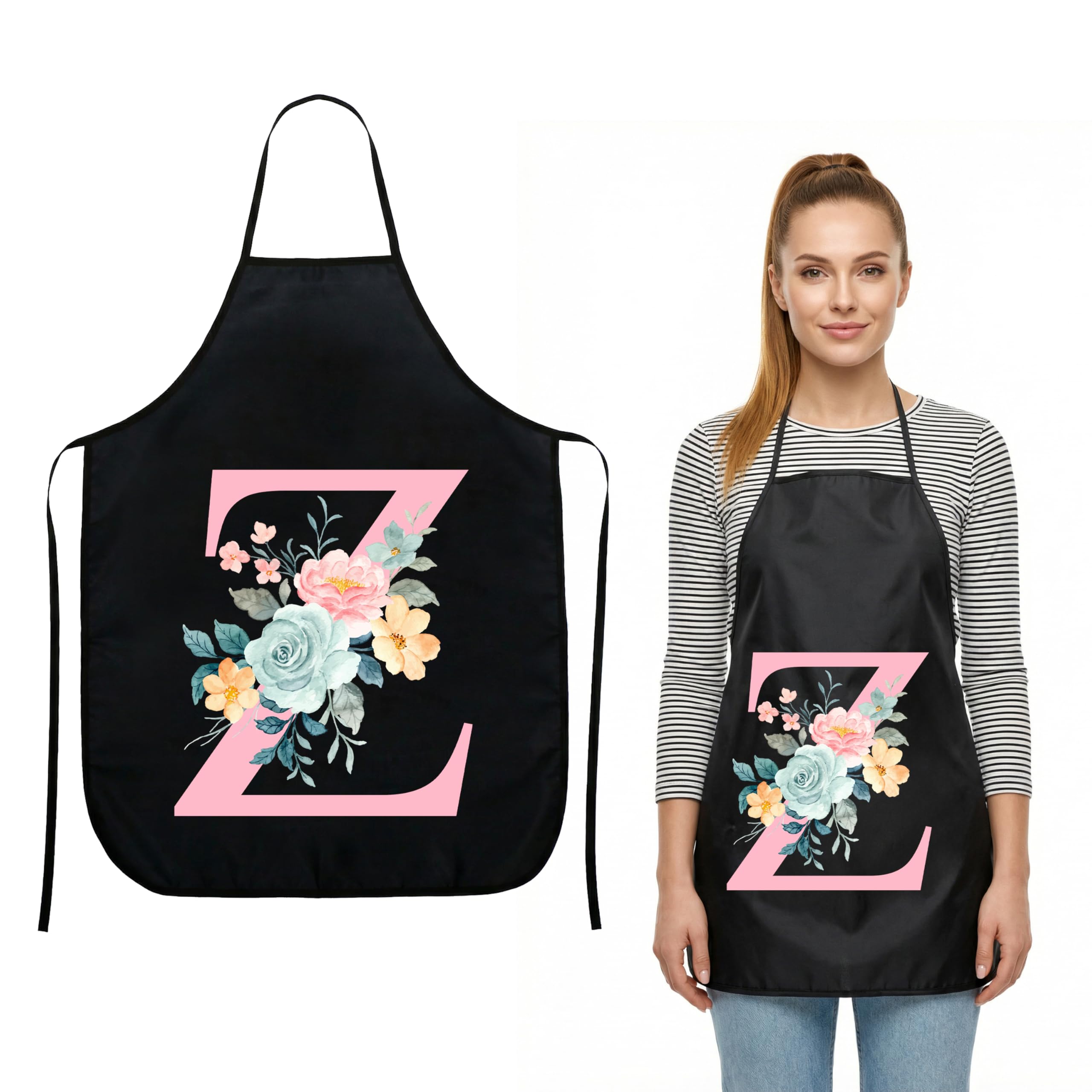 JEKUGOT Kitchen Apron for Women Waterproof Cooking Apron with Floral Letter Design, Adjustable Waist Tie BBQ Baking Gardening Birthday Gifts for Women (Black Z)