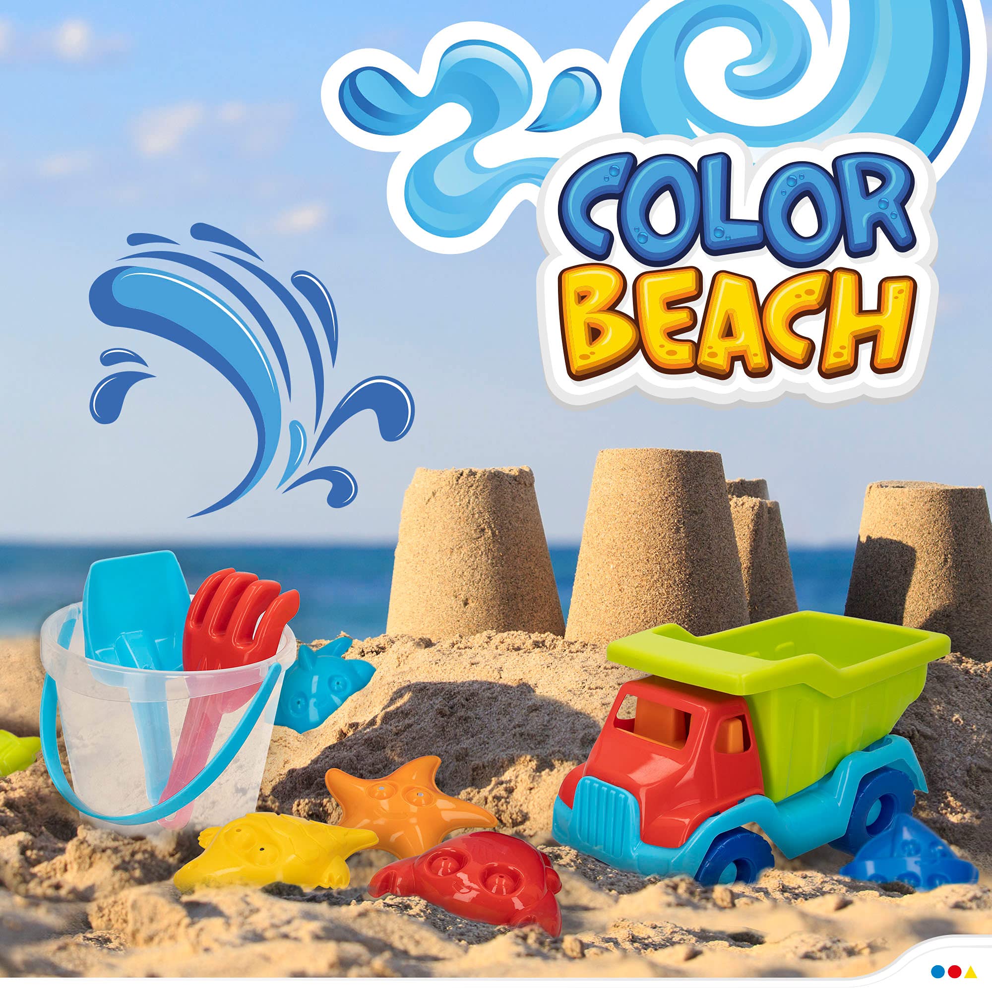 ColorBaby - Juguetes de Playa para niños, Bolsa Juguetes Playa, Cubo Arena, diámetro 18 cm, cedazo, Pala, rastrillo, regadera, camión, moldes Arena, 18mese (49273)