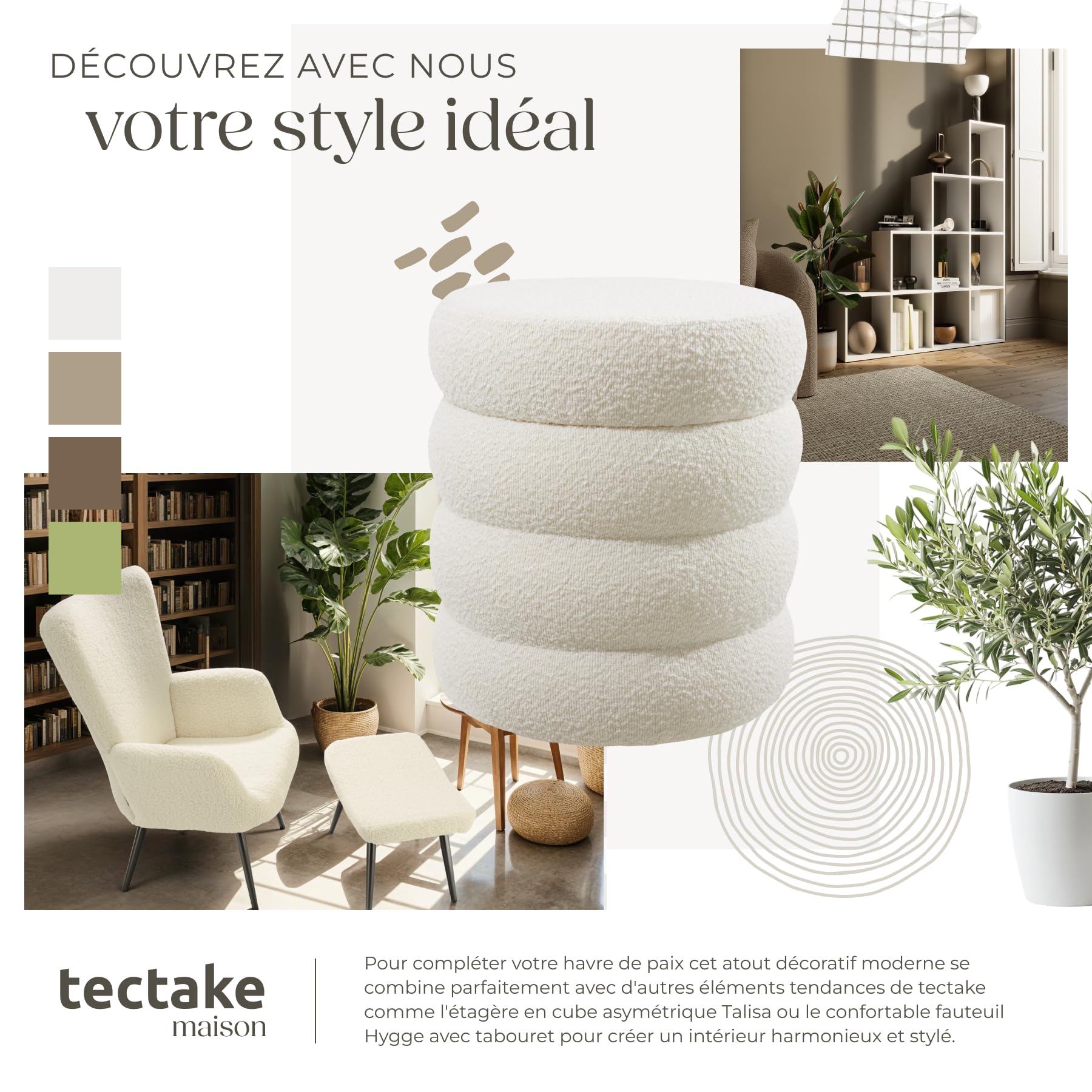 tectake® Tabouret Repose Pied Pouf avec Rangement Pouf Salon en Tissu Bouclette Crème Ø42x47cm jusqu'à 120 kg Design scandinave Cosy pour Coiffeuse, Salon, Chambre, Bureau, entrée