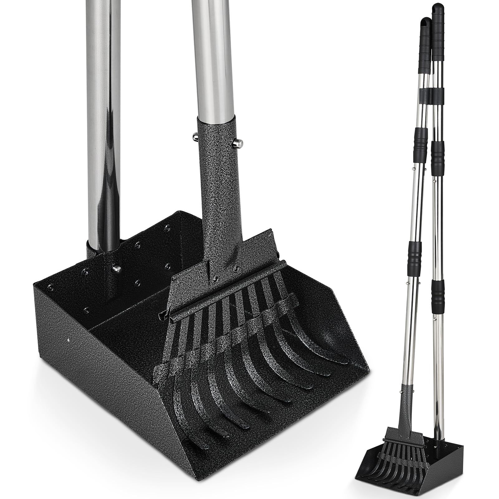 The Fellie Pooper Scooper, 2 Pack Stainless Steels Pet Poop Scoop Tray and Rake, Durable Long Handle Poop Scooper, Portable Pet Poop Shovel for Medium/Small Dogs, Use for Yard, Grass, Dirt or Gravel