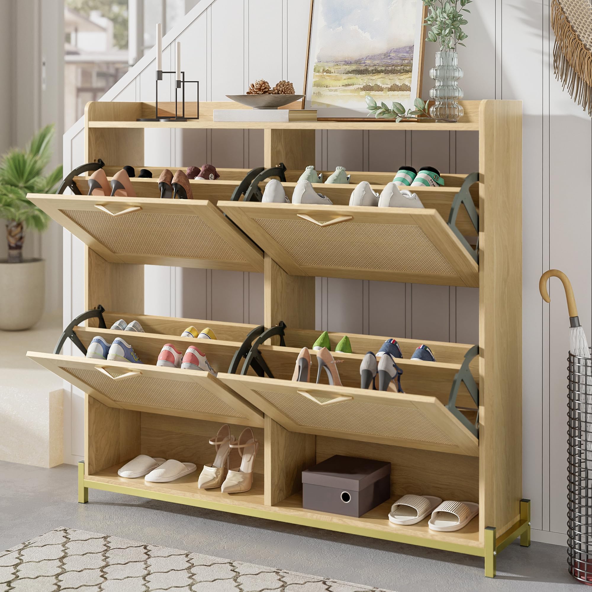 BTM Meuble à Chaussures Élégant en Bois avec Portes en Rattan – 4 Portes, Cadre en Métal et Étagère Supérieure pour Rangement Élégant et Clair