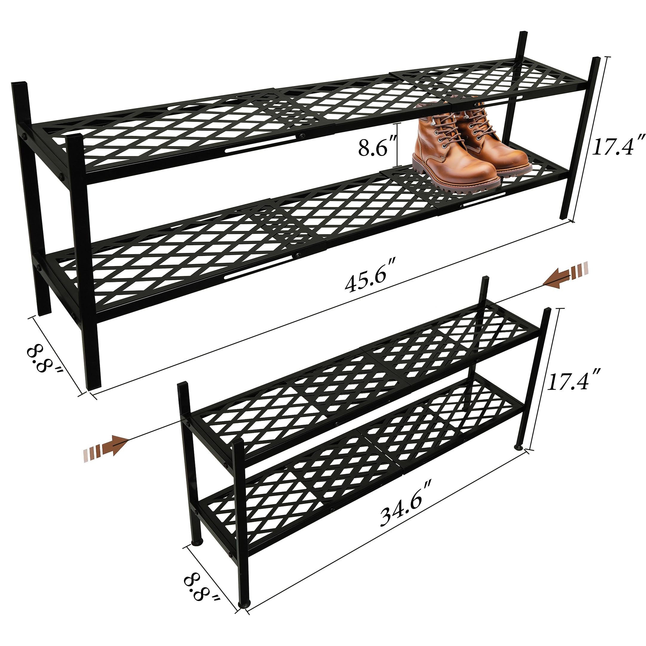 Nijoam Shoe Rack for Closet, Expandable Shoe Organizer Metal Shelf Stand, 2 Tier Stackable Long Shoe Stand Holder for Floor, Entryway, Garage, Bedroom, Door Entrance for 12-18 Pairs, 45.6in Black