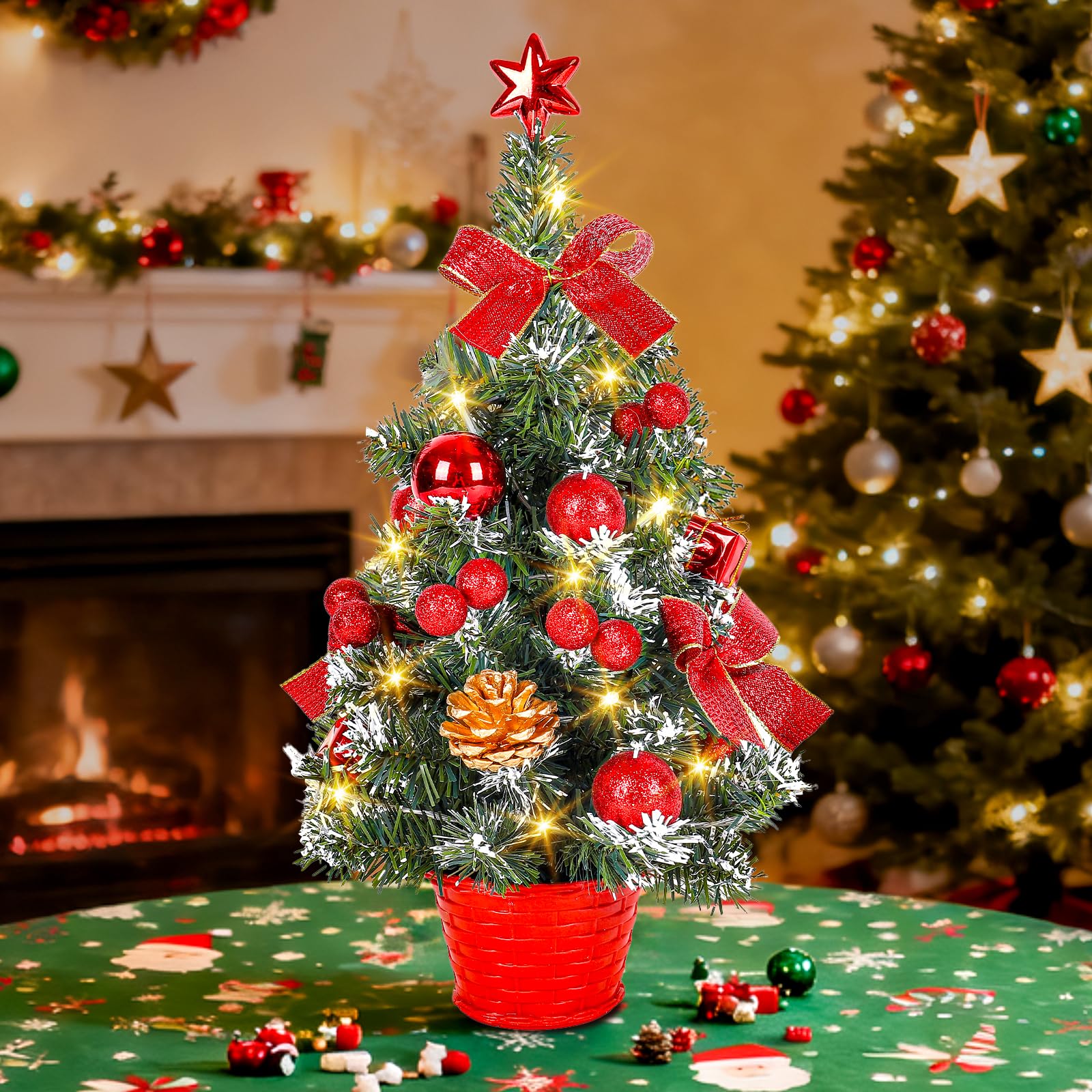 Greyghost Small Christmas Tree with Lights, 45CM Pre-Lit & Pre-decorated Desk Tree with Star Topper, Red Artificial Mini Christmas Tree for Home Office Tabletop Decor, Indoor Christmas Trees Gift