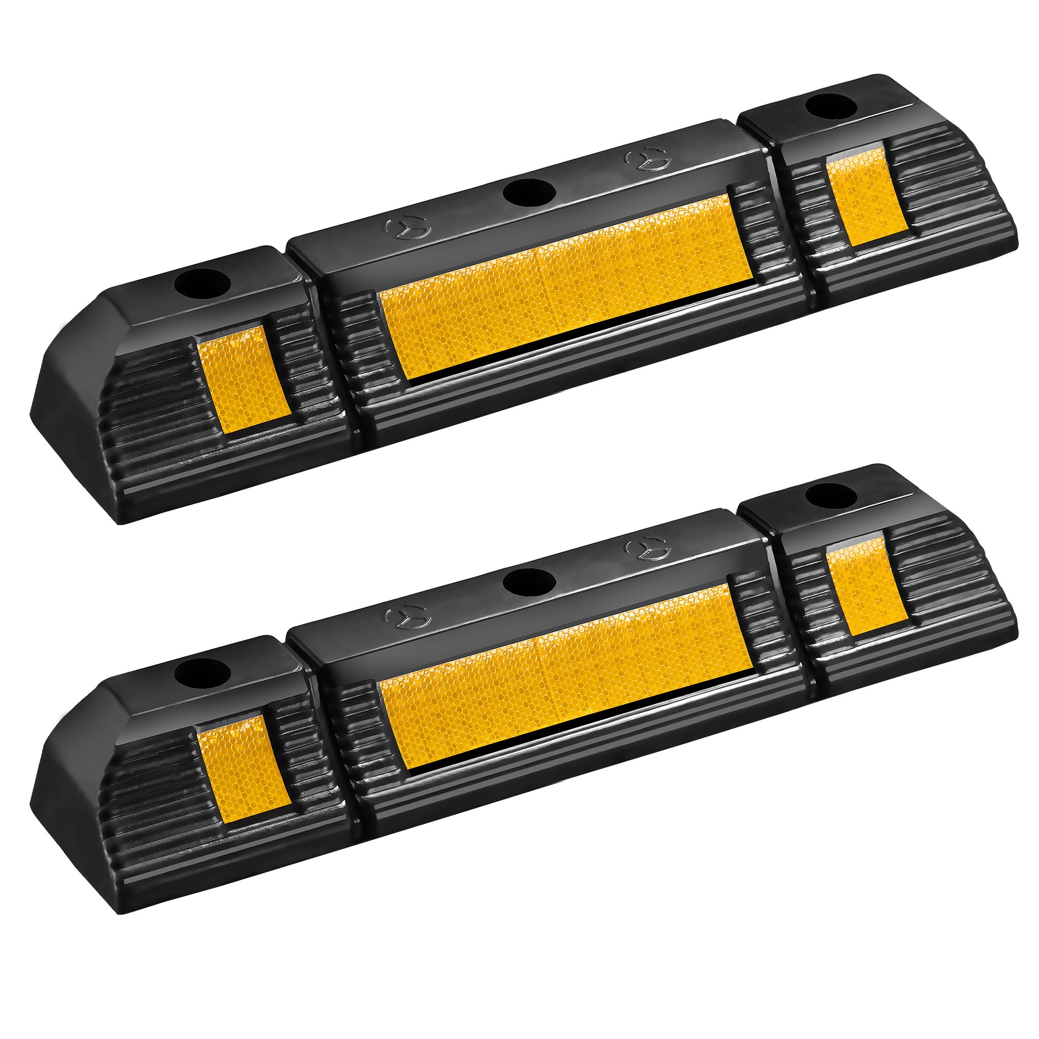 Wiltec Juego 2 topes de aparcamiento 60 x 12 x 8 cm caucho con bandas reflectoras alta visibilidad topes de rueda de fácil instalación ideal para garajes, parkings y zonas de estacionamiento