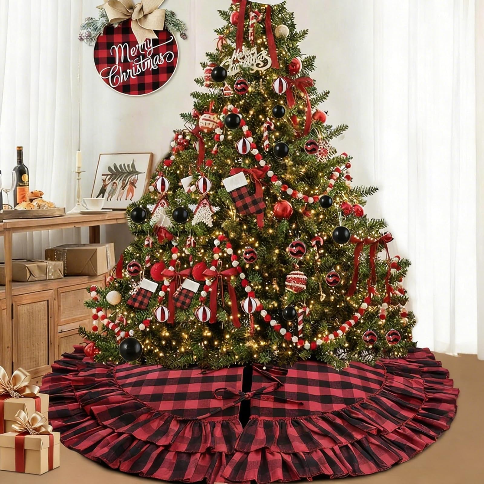 Yuboo Mini Red And Black Buffalo Plaid Christmas Tree Skirt 24 Inch With Ruffle - Small Farmhouse Tabletop Decor For 4ft Tree