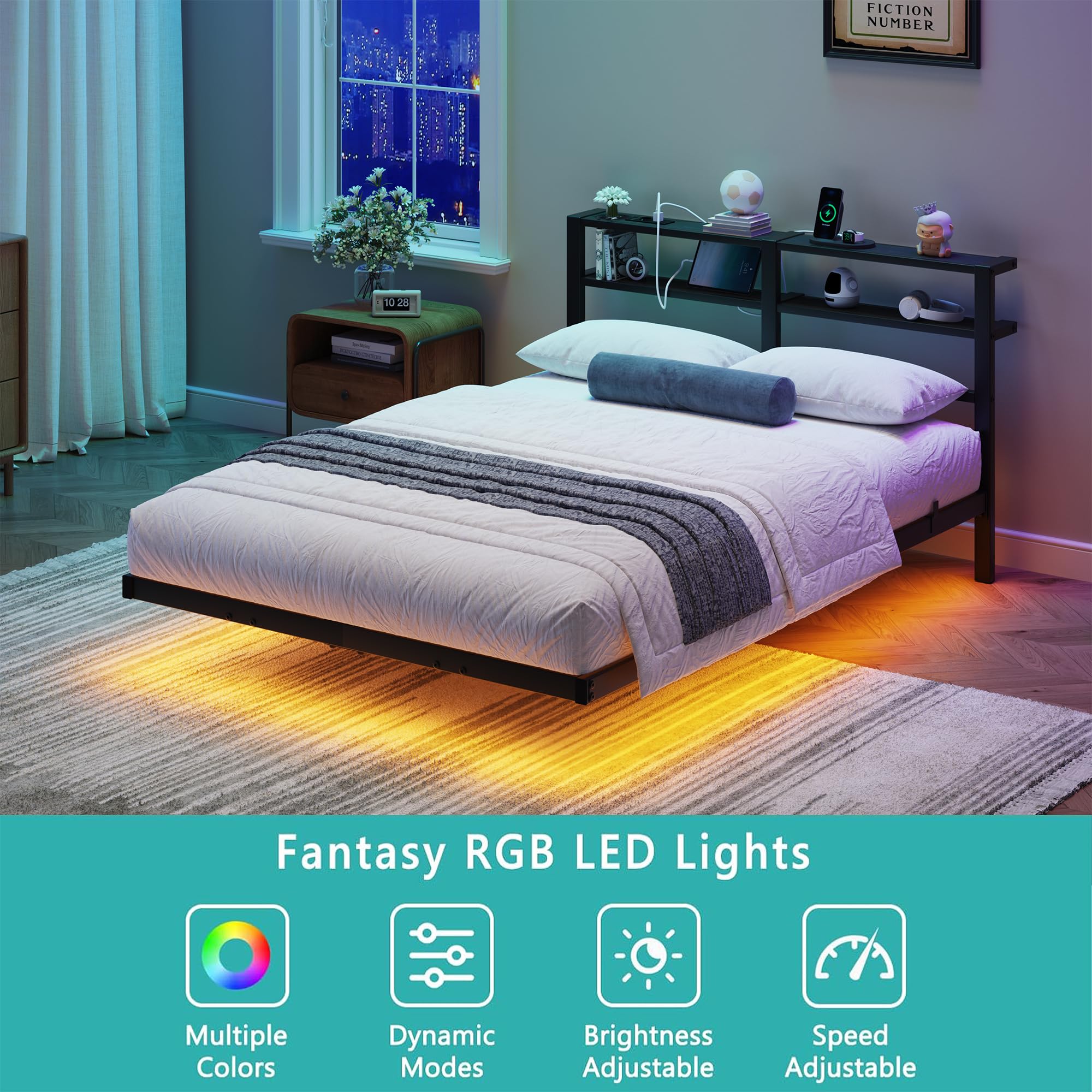 Lit flottant en métal, 140 x 200 cm, avec lumières LED, station de charge USB et tête de lit double étagère, cadre en acier robuste, silencieux, noir