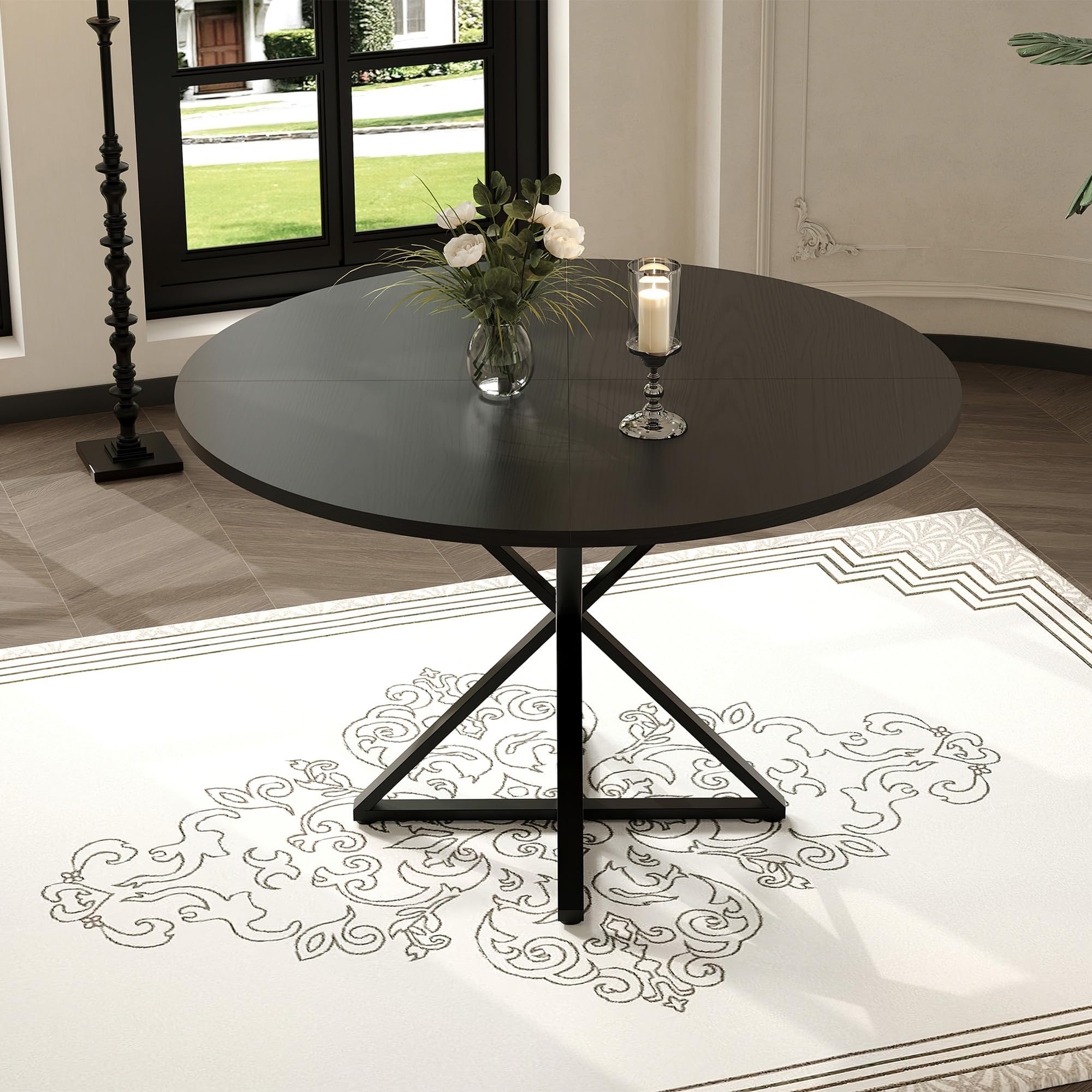 Garvee Mesa De Comedor Redonda De 120 Cm para 4 Personas, Diseño Moderno De Estilo Rústico, Ahorra Espacio, Base De Pedestal De Madera y Metal