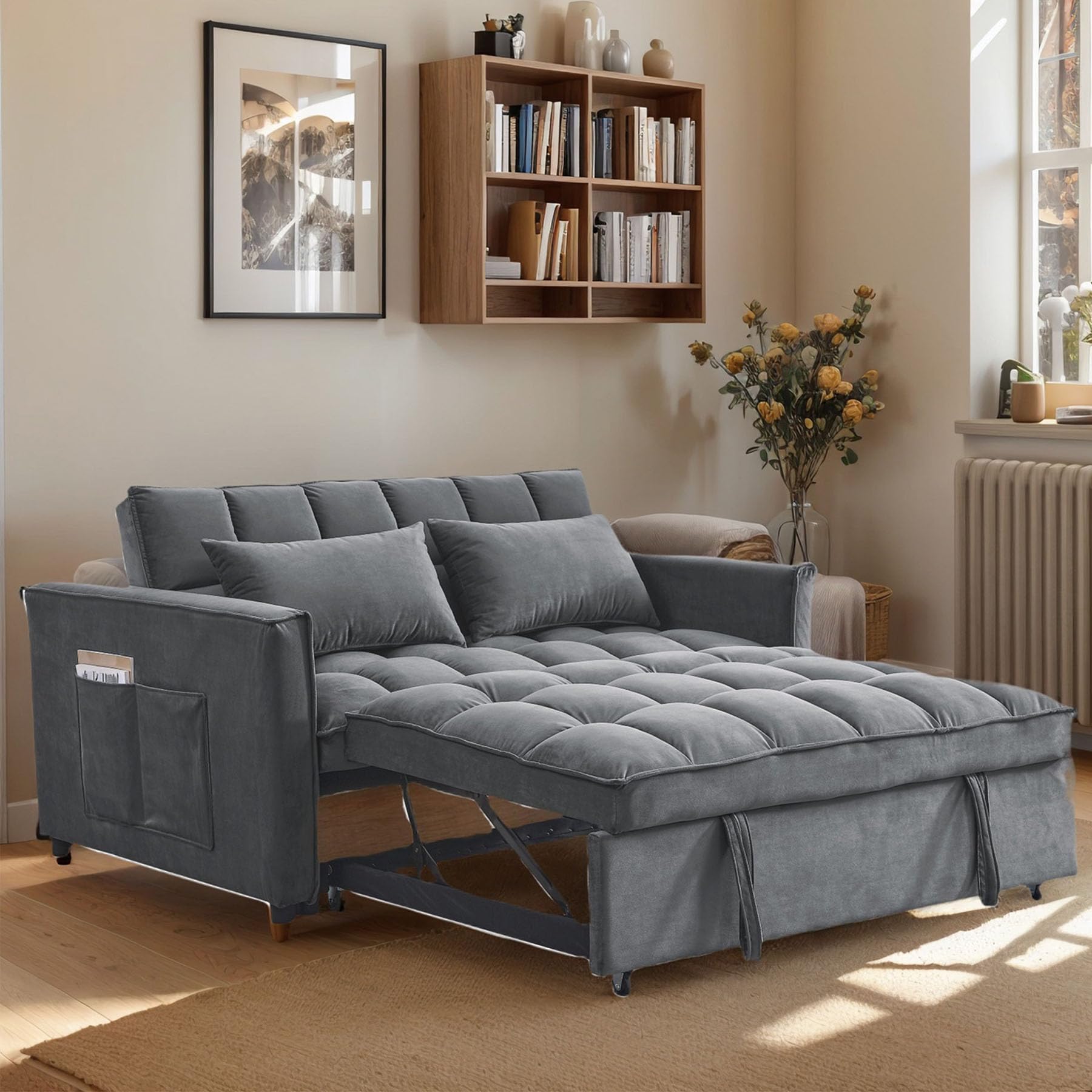 anwickjeff 54" Convertible Sofa Bed, Velvet Sleeper Sofa with Pull-Out Bed, 3-in-1 Futon Couch with Reclining Backrest and Side Pocket, Modern