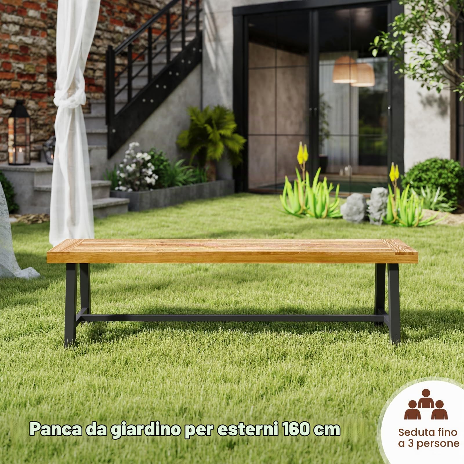 GIANTEX Panchina da Giardino in Legno di Acacia per Esterni, 160 CM di Lunghezza, Panchina da Patio per Giardino, Può Ospitare Fino a 3 Persone, Capacità di Carico 360 KG (1)