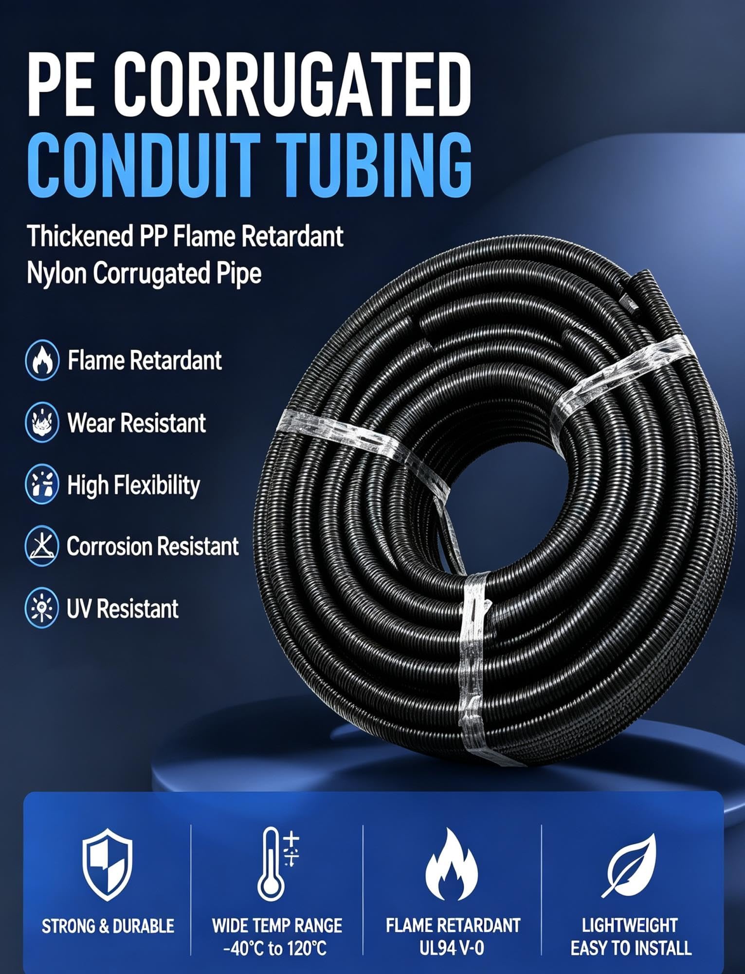 Tubo corrugado flexible para cables eléctricos, resistente y retardante