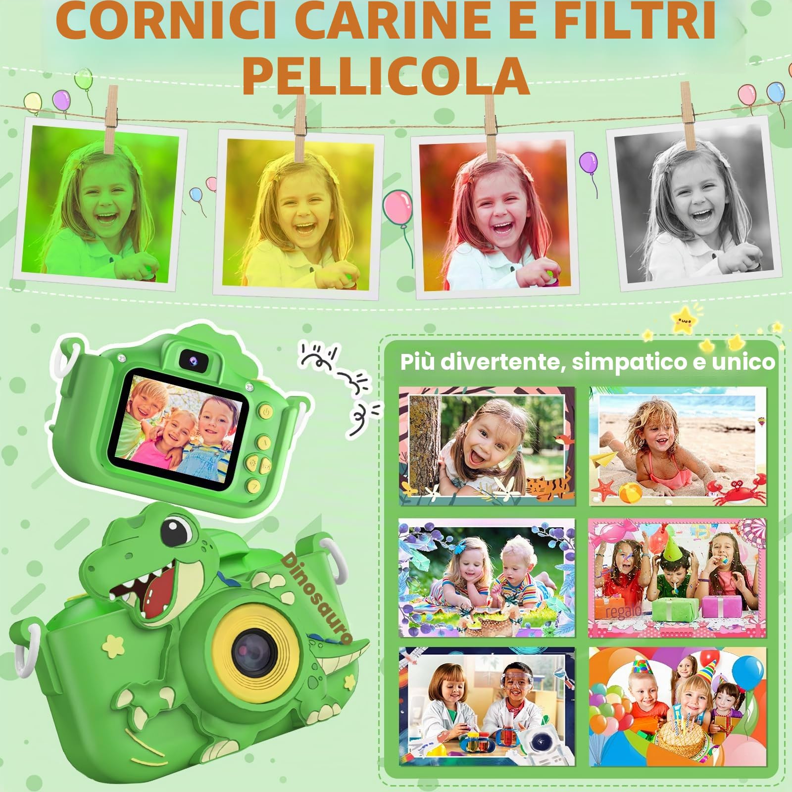 Macchina Fotografica Bambini 3-12 Anni, 48MP Digitale Fotocamera Bambini con Scheda 32 GB, Gioco Regali Natale & Compleanno per Bambino Bambina 3 4 5 6 7 8 9 10 Anni, Cappuccio di Dinosauro (Verde)
