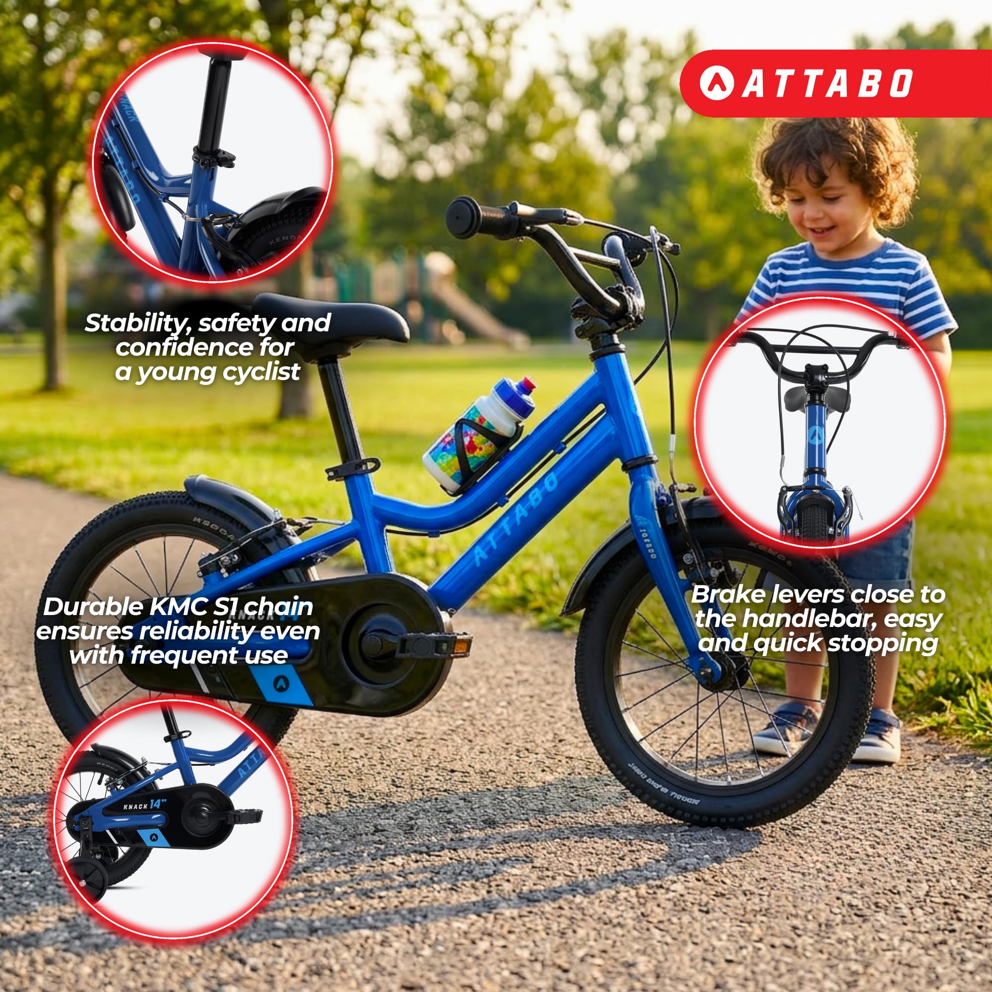 ATTABO Knack 14 - Bicicleta Infantil (2 – 5 años) con Marco de Aluminio Ligero (8 kg), Ruedas de 14 Pulgadas, Altura de 85 a 110 cm, soporta hasta 50 kg, Manillar ergonómico, Ideal para Primeros