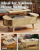 Vista 7 de Mesa de café ovalada con almacenamiento, mesa de centro elevable de 47.2" para la sala de estar, mesa central moderna de madera estriada con puerta