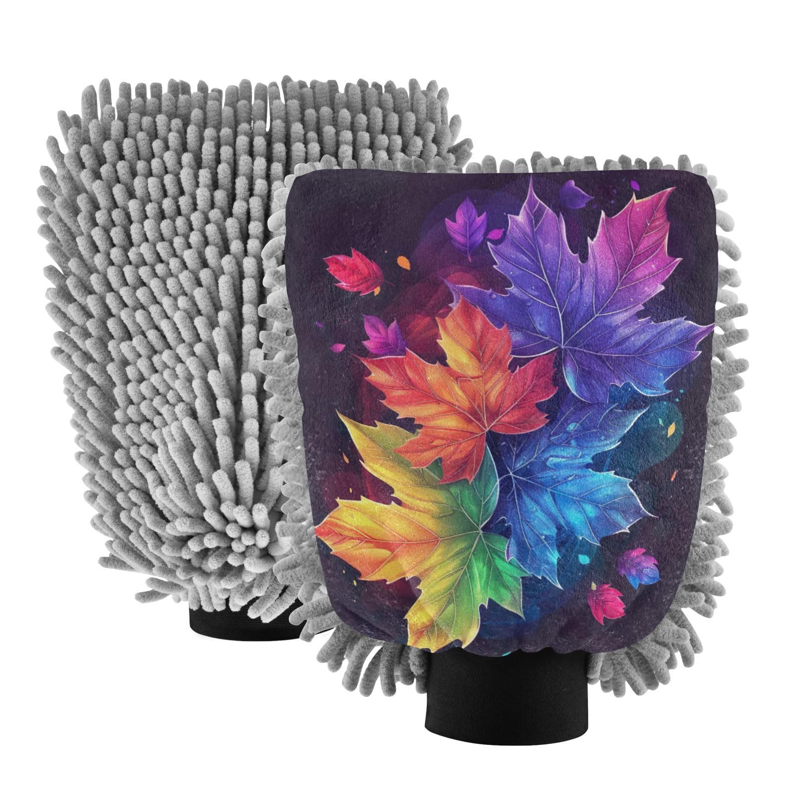 Kigai Colored Maple Leaves Car Wash Mitt Microfiber, 2Pcs Scratch Free Lint-Free, Premium Chenille Microfiber Mitt Car Wash Brush-M