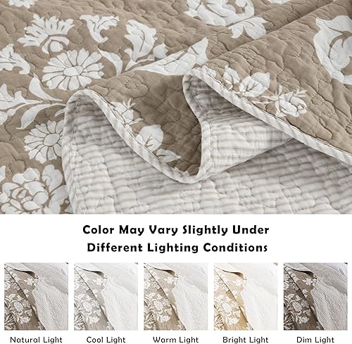 Miniatura 5 de Juego de edredón tamaño Queen, 100% algodón, diseño de cachemira floral, reversible, ligero, para todas las estaciones, caqui, tostado, blanco, 3