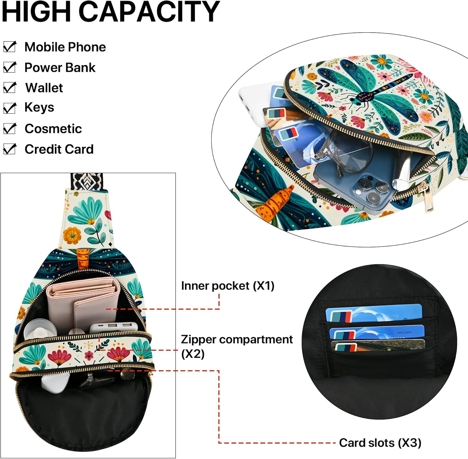 Dragonfly Leather Sling Bag for Woman Crossbody Bags Backpack Women Chest Bag Fashion High Capacity Running Travel