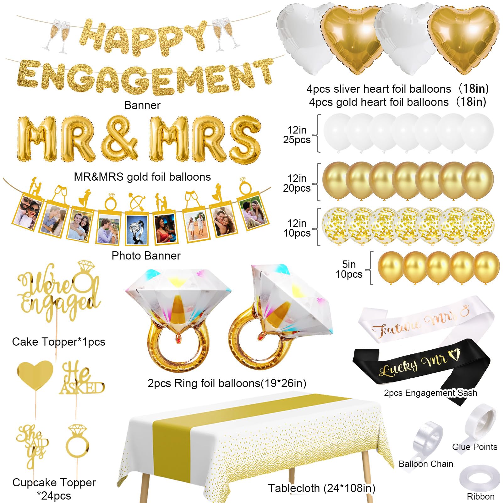 Winrayk Happy Engagement Party Decorations for Couple, White Gold Balloon Arch, Mr & Mrs Diamond Ring Heart Foil Balloon, Engaged Banner & Photo Banner, Cake Cupcake Topper, Sash, Tablecloth (114 Pcs)