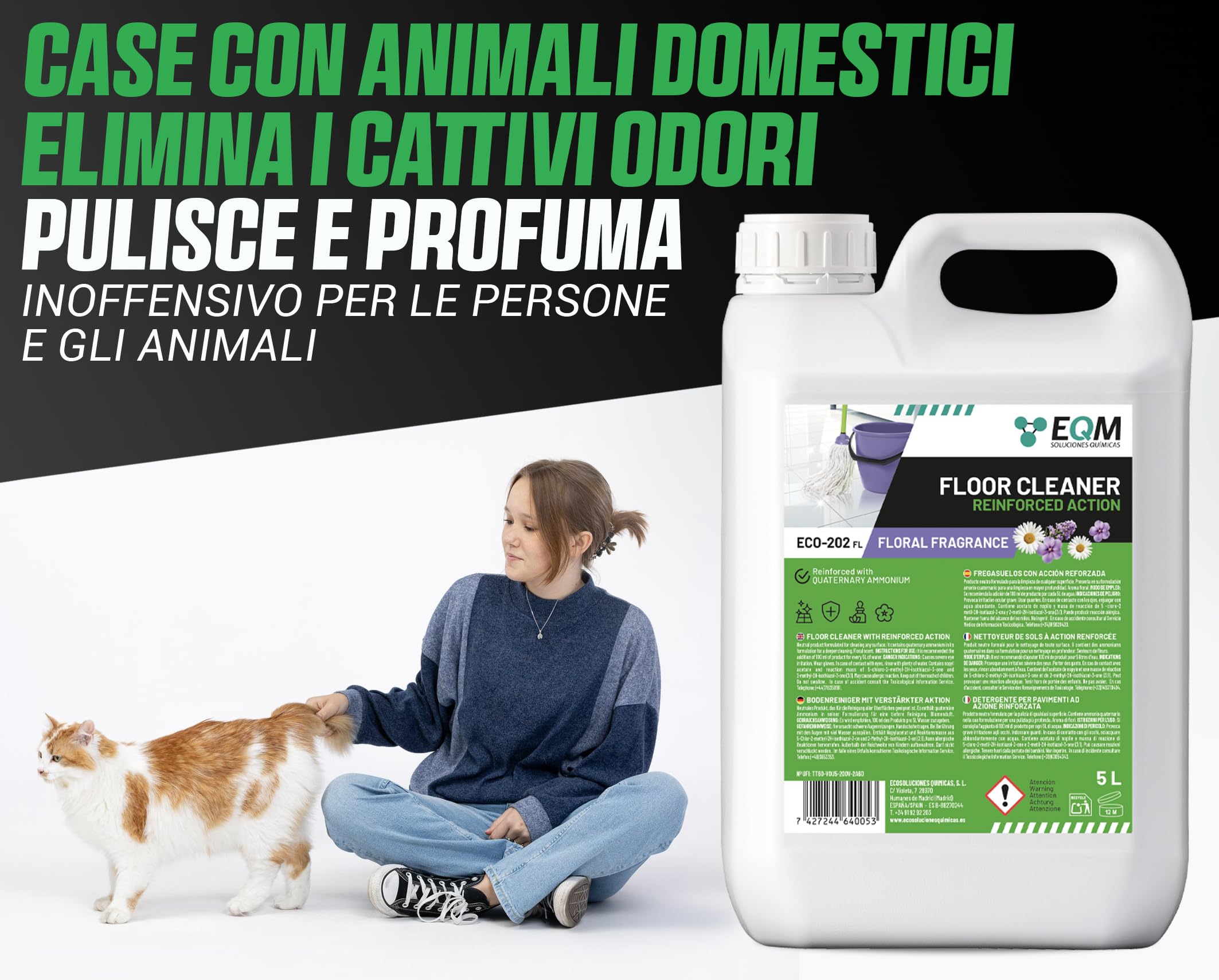 EQM - ECO-202 - Detergente per Superfici Multiple - Azione Rinforzata per una Pulizia Superiore - 5L - Alta Capacità Sgrassante e Deodorante - Aroma Floreale