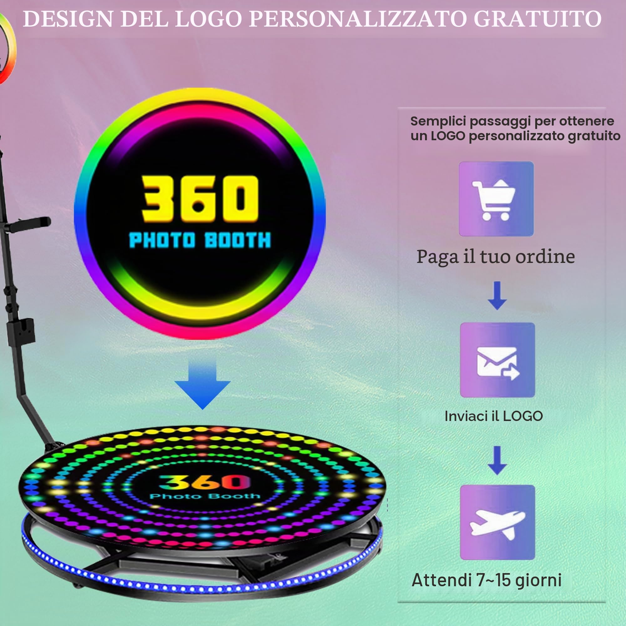 Set fotografico a 360° con custodia per il trasporto, cabina fotografica a 360° con telecomando per 5-6 persone, anello luminoso RGB, logo personalizzato gratuito (100 cm / 39,4in)