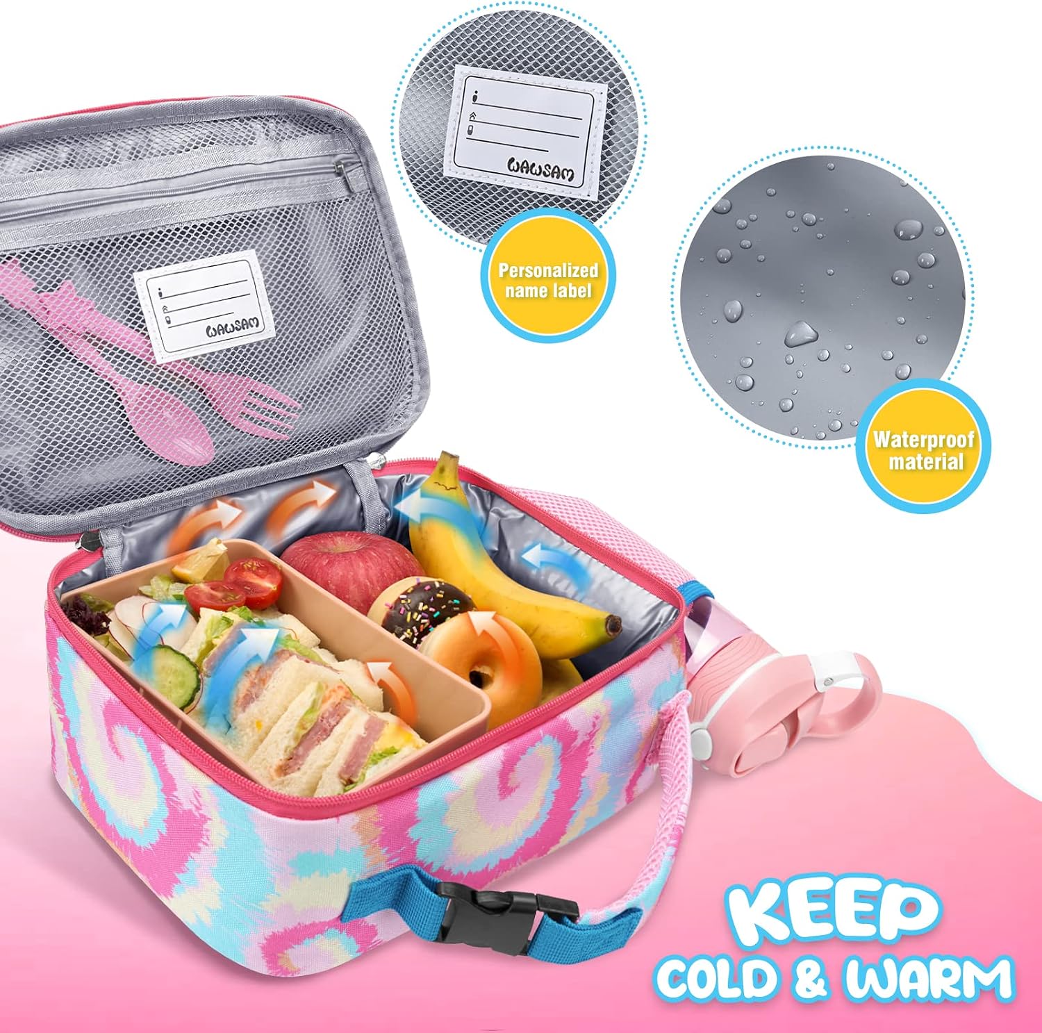 WAWSAM Unicorn Kids Lunch Bag - Insulated Lunch Box for Girls & Boys, Reusable Pink with External Bottle Holder