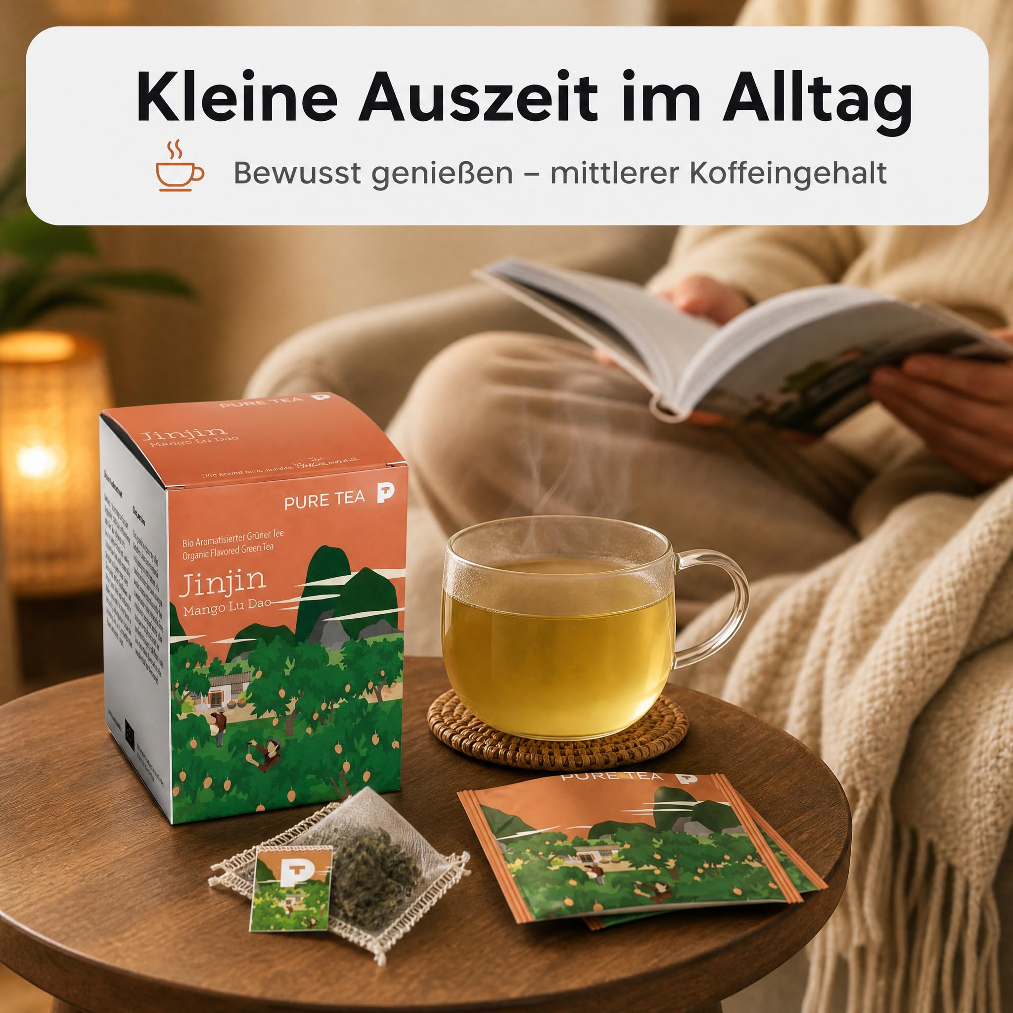 6 x PURE TEA Jinjin Grüner Tee Mango Lu Dao, aromatisierter Premium Grüntee in flachen Kissenbeuteln, je 15 x 3 g, einzeln verpackt, Dispenserbox 12 x 9 x 9 cm, glutenfrei