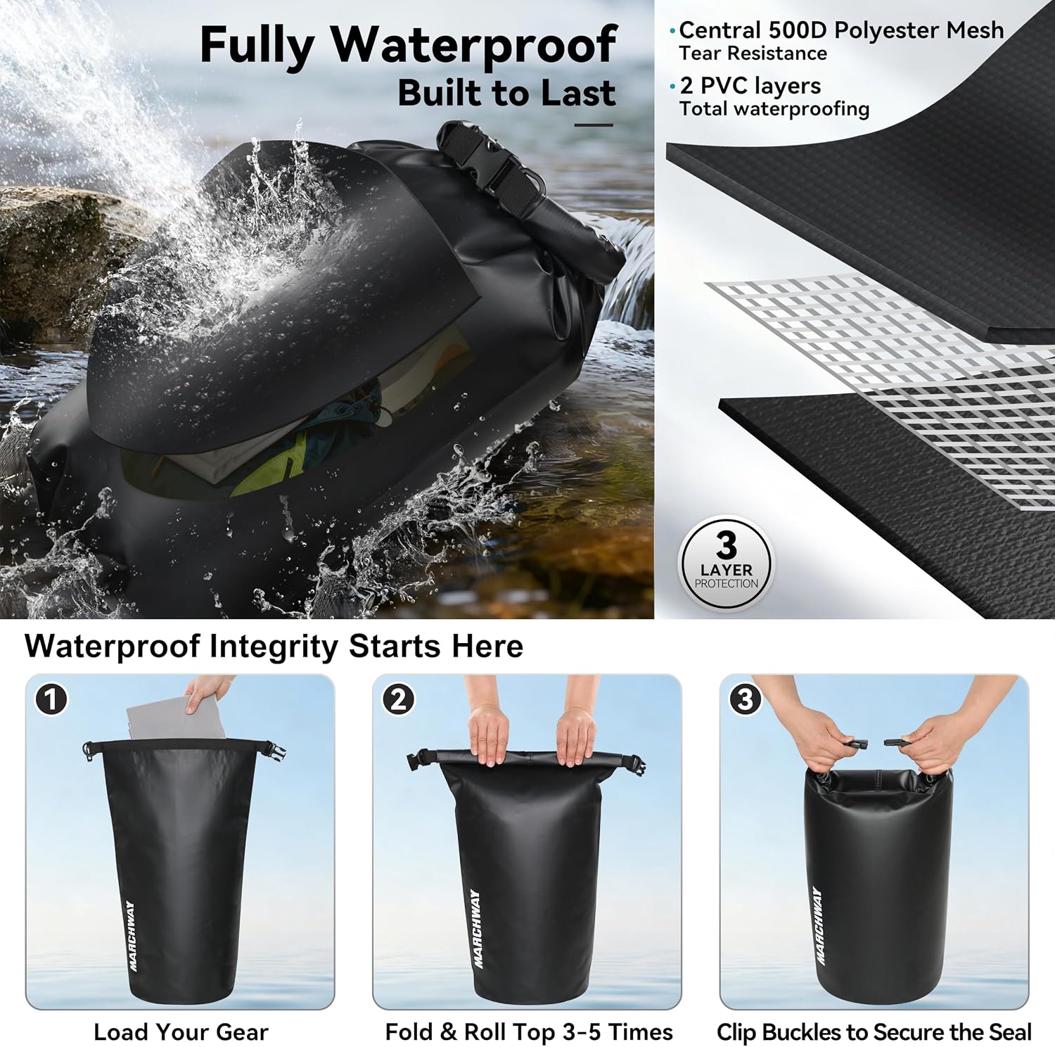 MARCHWAY Floating Waterproof Dry Bag Backpack 5L/10L/20L/30L/40L, Roll Top Sack Keeps Gear Dry for Kayaking, Rafting, Boating, Swimming, Camping, Hiking, Beach, Fishing