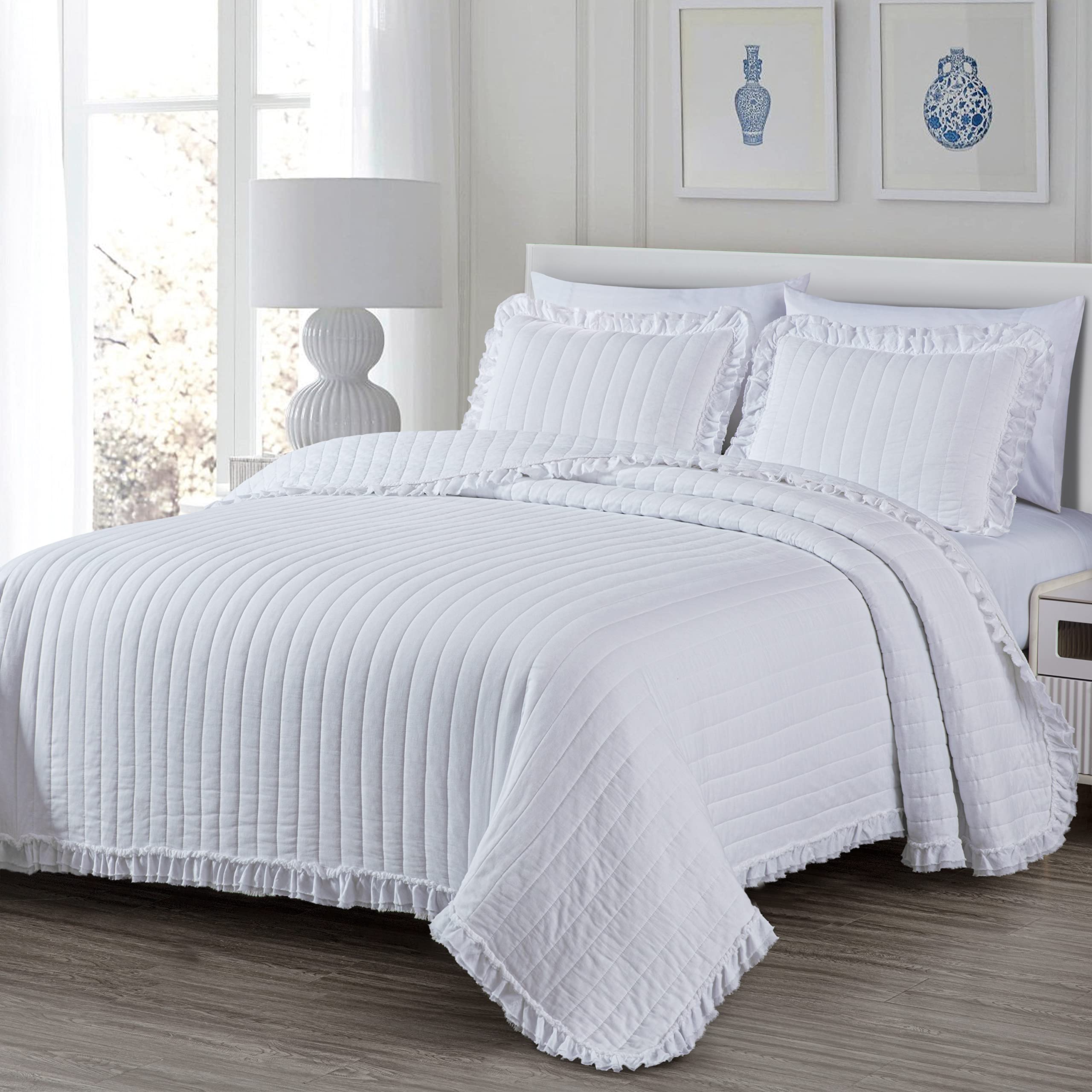 Chezmoi Collection Bonnie 2-Piece 100% Cotton Quilt Set Twin Size, White - Double Frayed Ruffled Edge Lightweight Pre-Washed Soft-Finished Cotton Bedspread for All Season