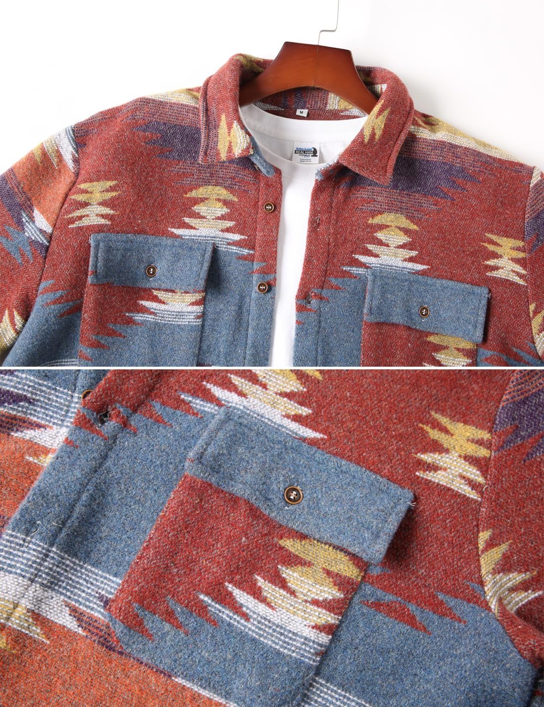 VIEWON Men's Casual Aztec Print Button Down Woolen Long Sleeve Lightweight Lapel Western Shacket Jacket Coat - Image 4
