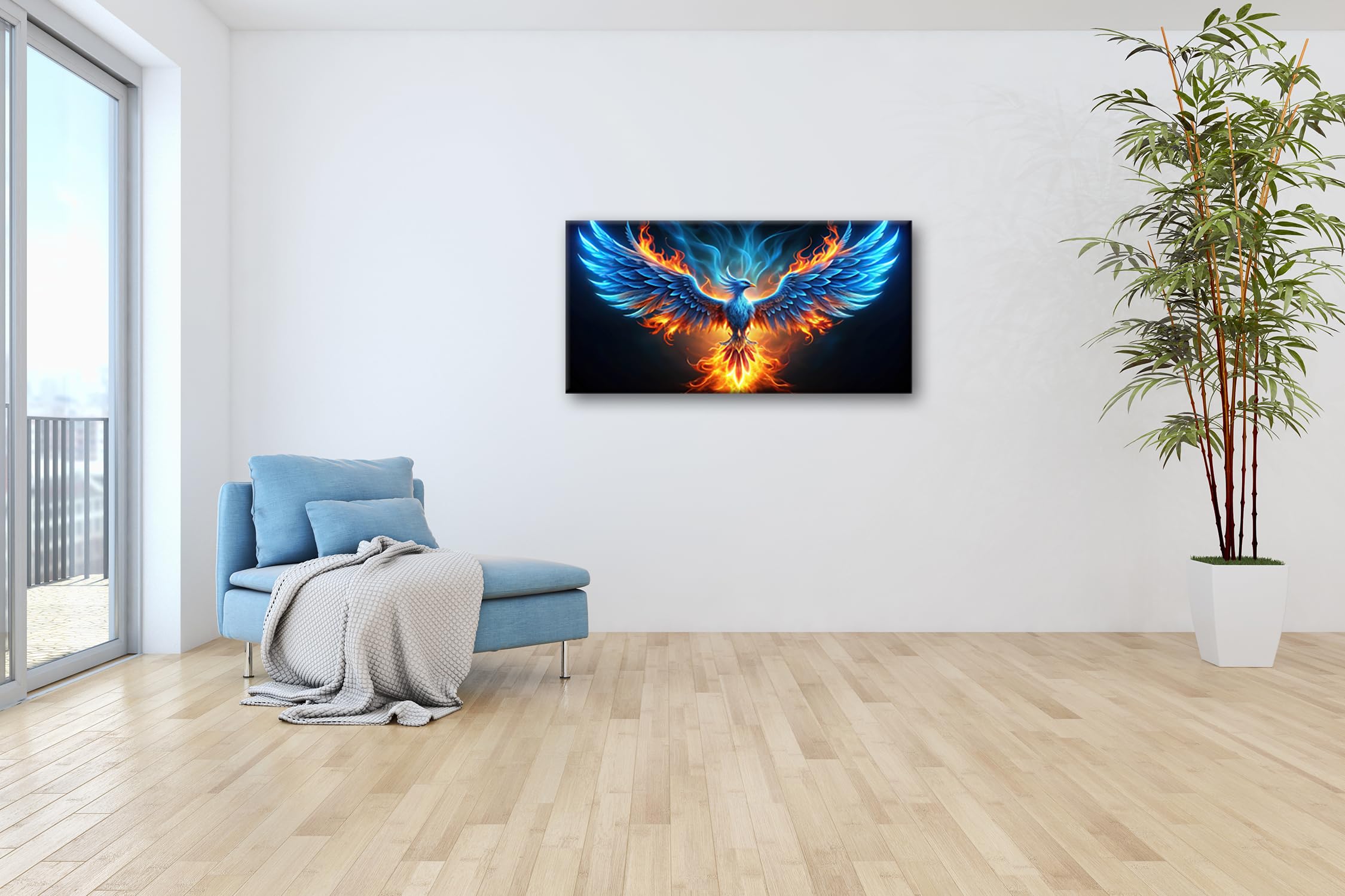 Leinwandbild Ein Phönix erhebt sich in Flammen aus Licht und Macht Panorama 120x60cm XXL Kunstdruck Bild auf Keilrahmen/Wandbild/Wohnzimmer Dekoration
