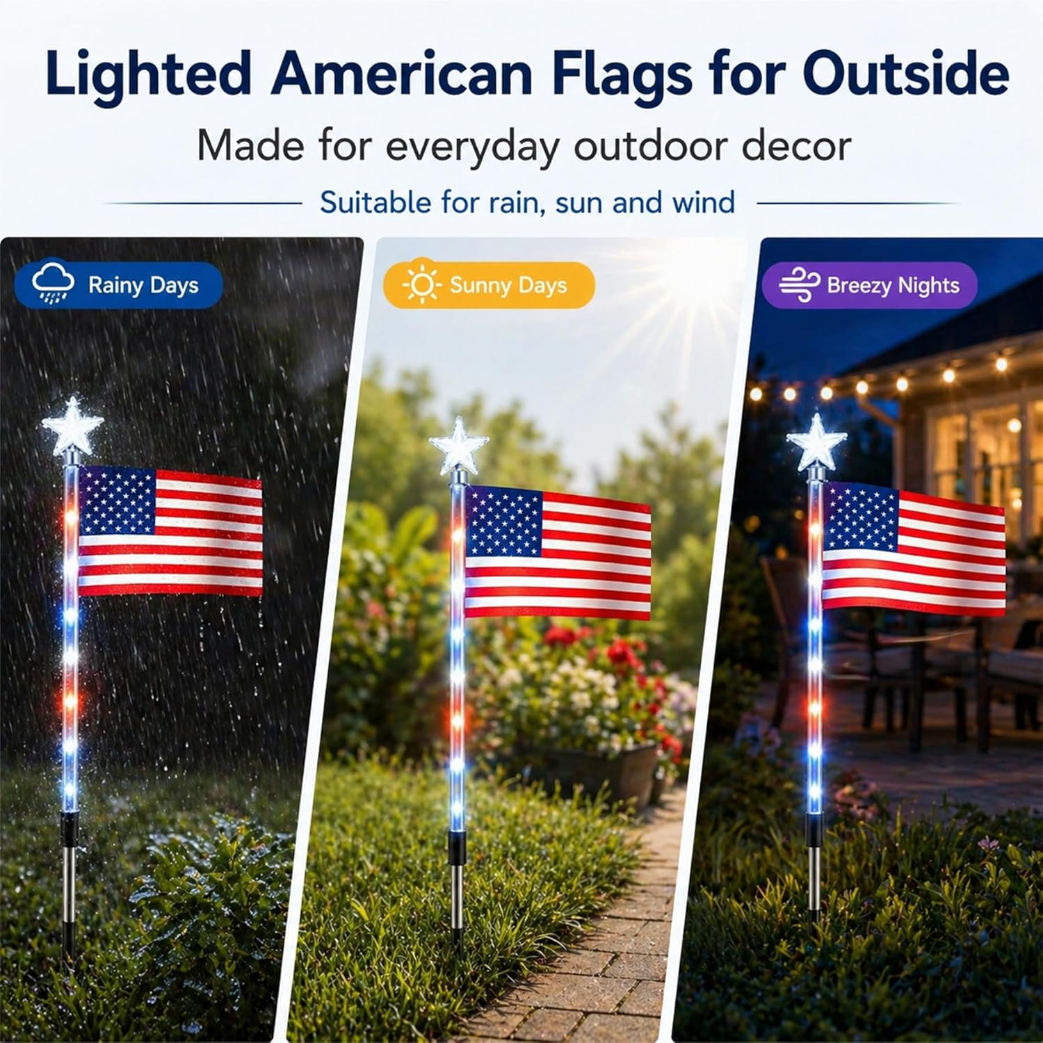 8 Pack Solar American Flag Lights Outdoor, Weather-Resistant Patriotic Pathway Stake Lights with 8 Modes, Red White Blue Solar Flag Lights for Yard Garden Walkway, 4th of July Decorations (Style A)
